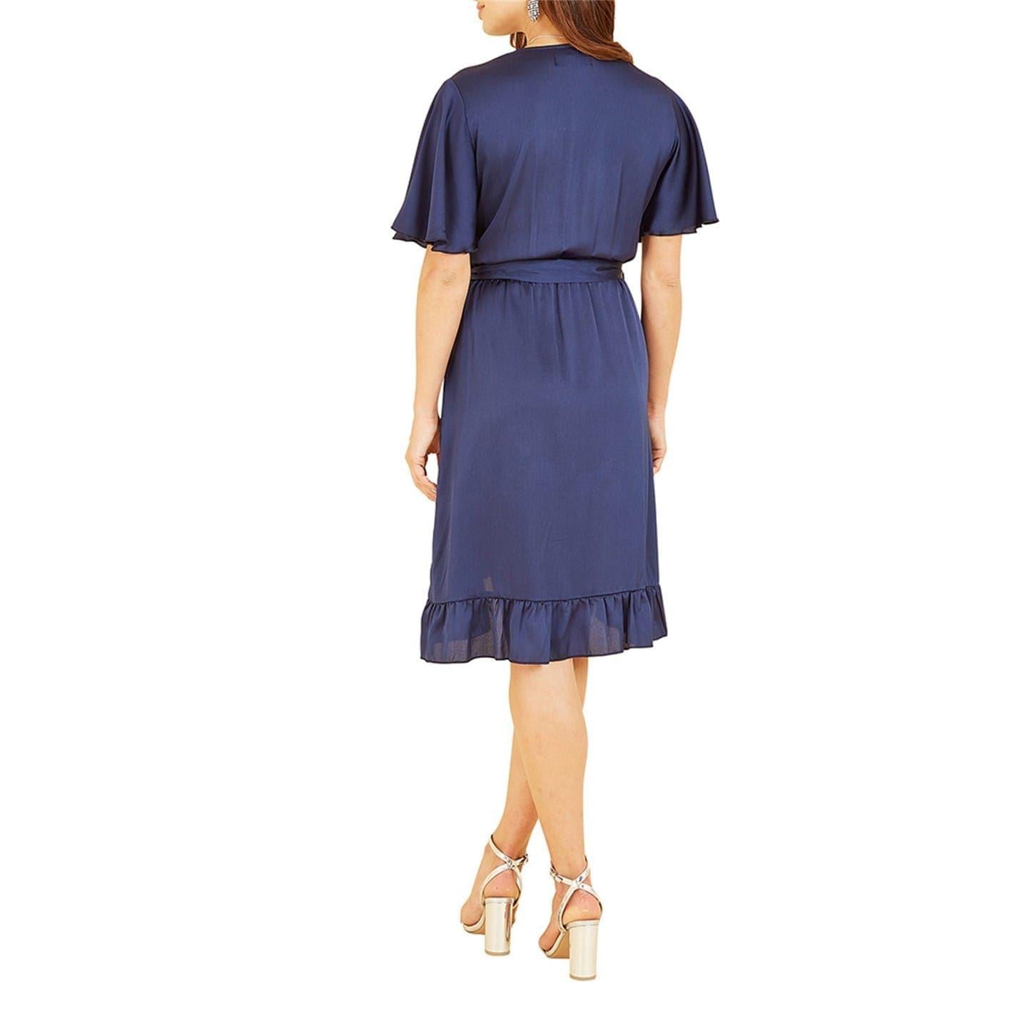 Navy - Back - Mela London Womens-Ladies V Neck Flutter Wrap Dress