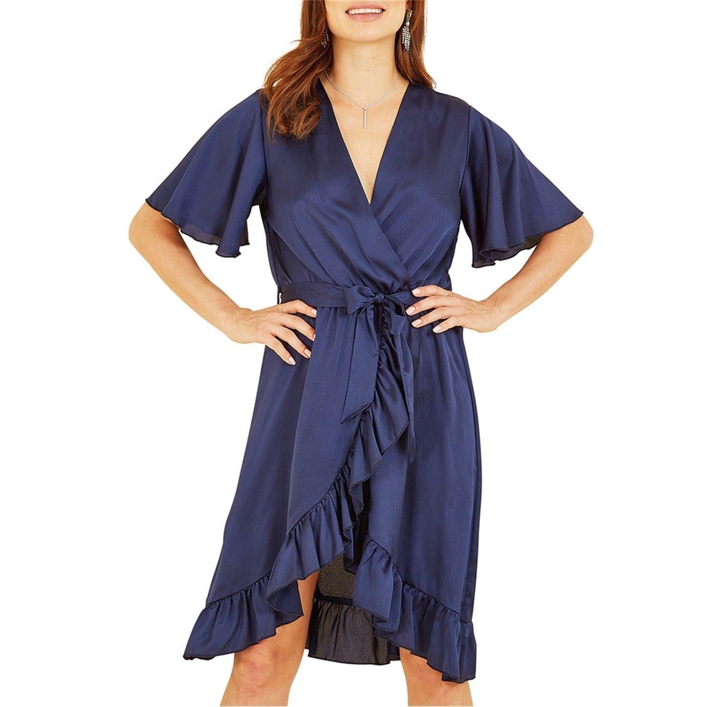 Navy - Side - Mela London Womens-Ladies V Neck Flutter Wrap Dress