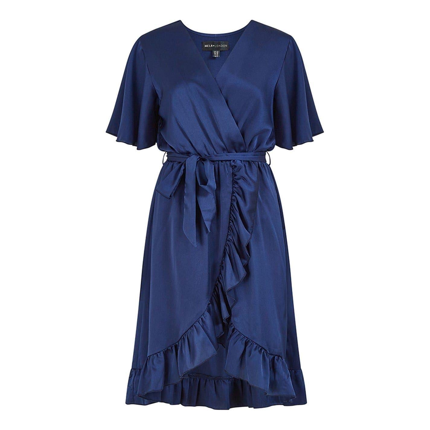 Navy - Front - Mela London Womens-Ladies V Neck Flutter Wrap Dress