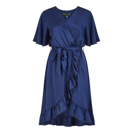 Navy - Front - Mela London Womens-Ladies V Neck Flutter Wrap Dress