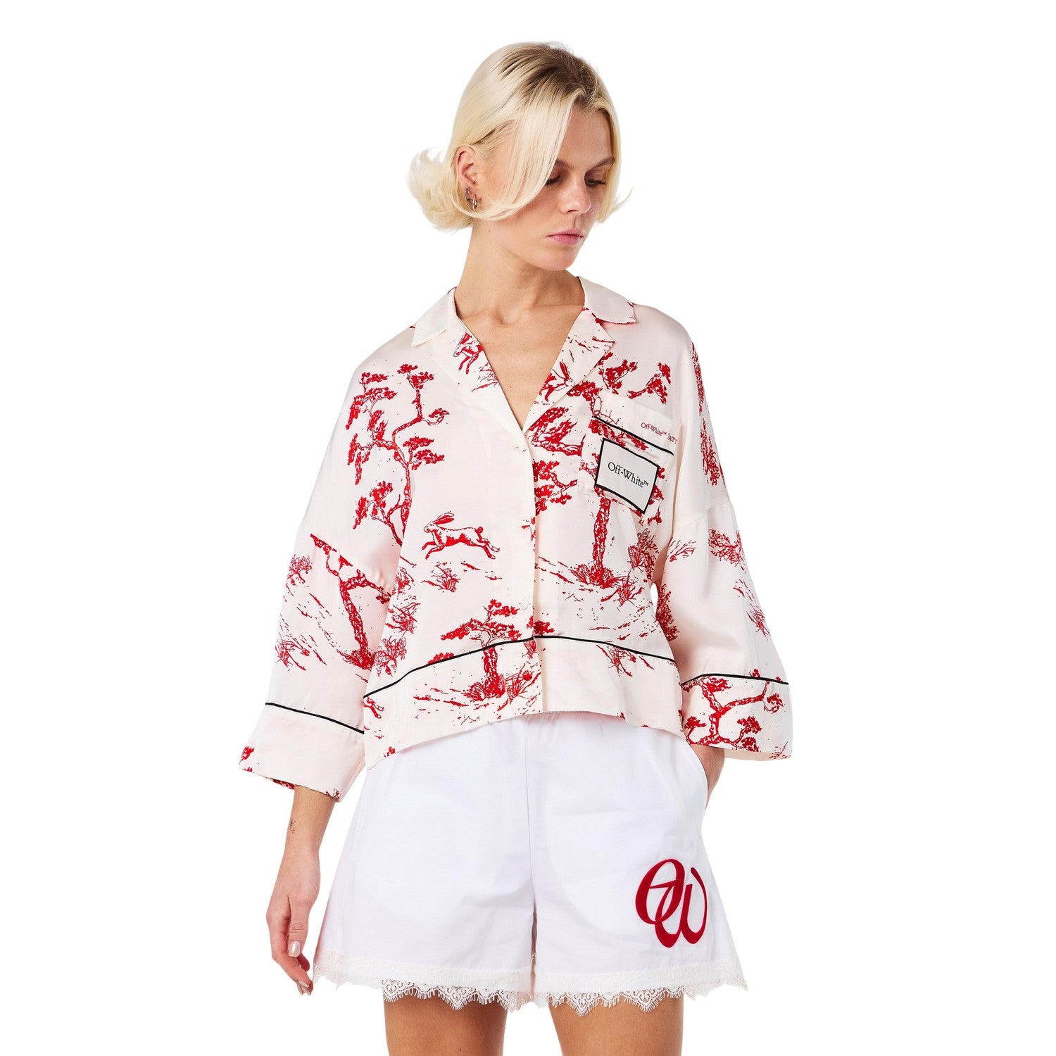 White-Red - Side - Off White Womens-Ladies Collared Shirt