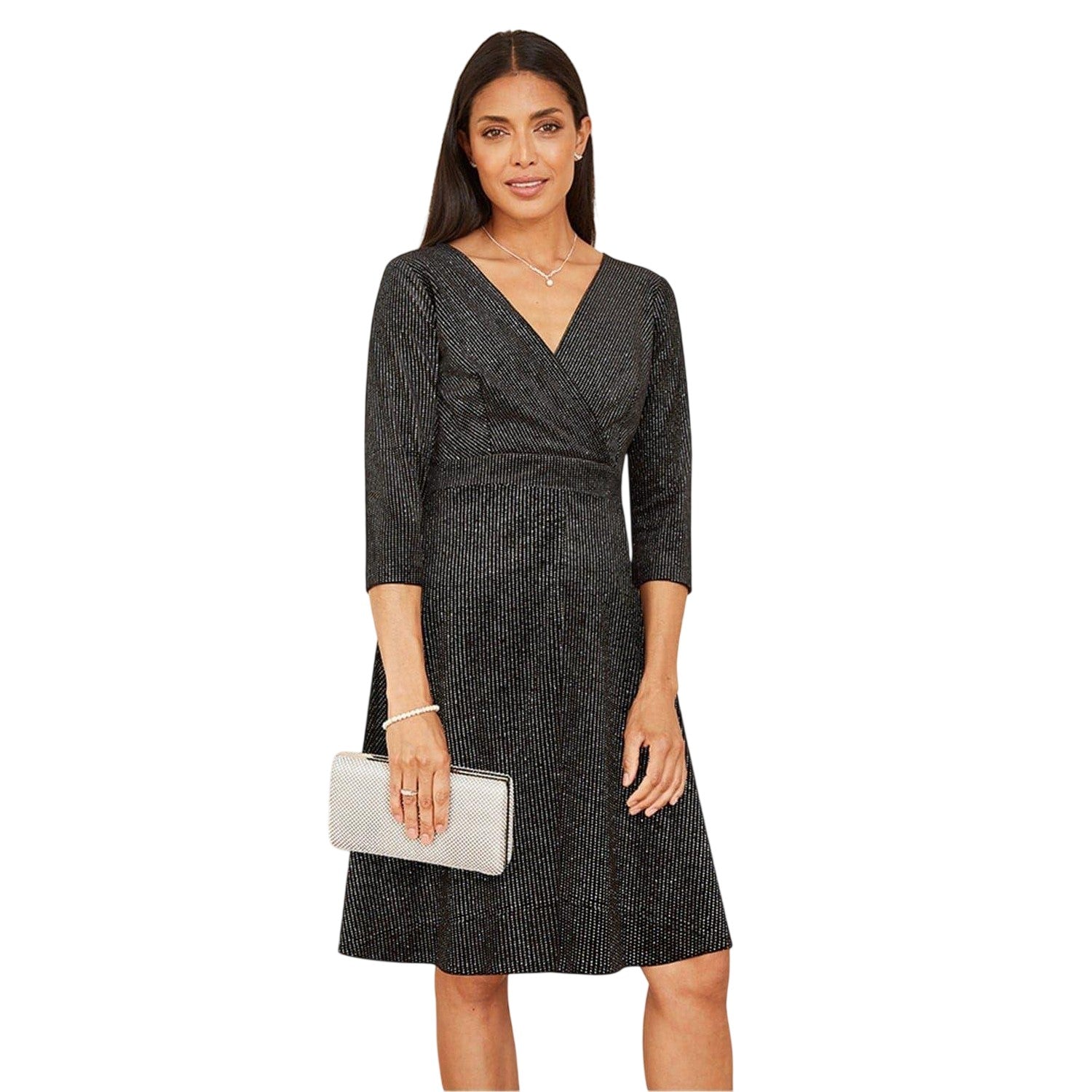 Black - Side - Mela London Womens-Ladies Sparkle V Neck Regular Skater Dress