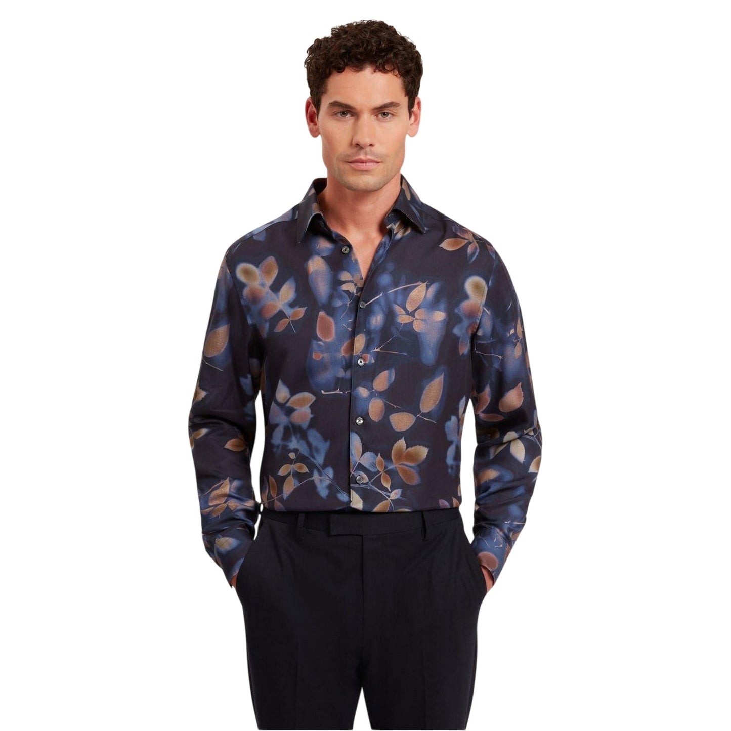 Navy - Side - Ted Baker Mens Leaf Print Regular Shirt
