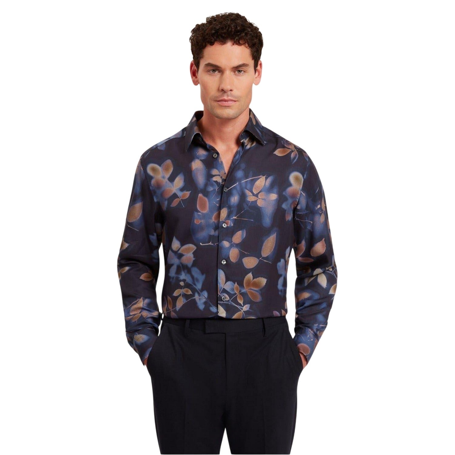 Navy - Side - Ted Baker Mens Leaf Print Regular Shirt