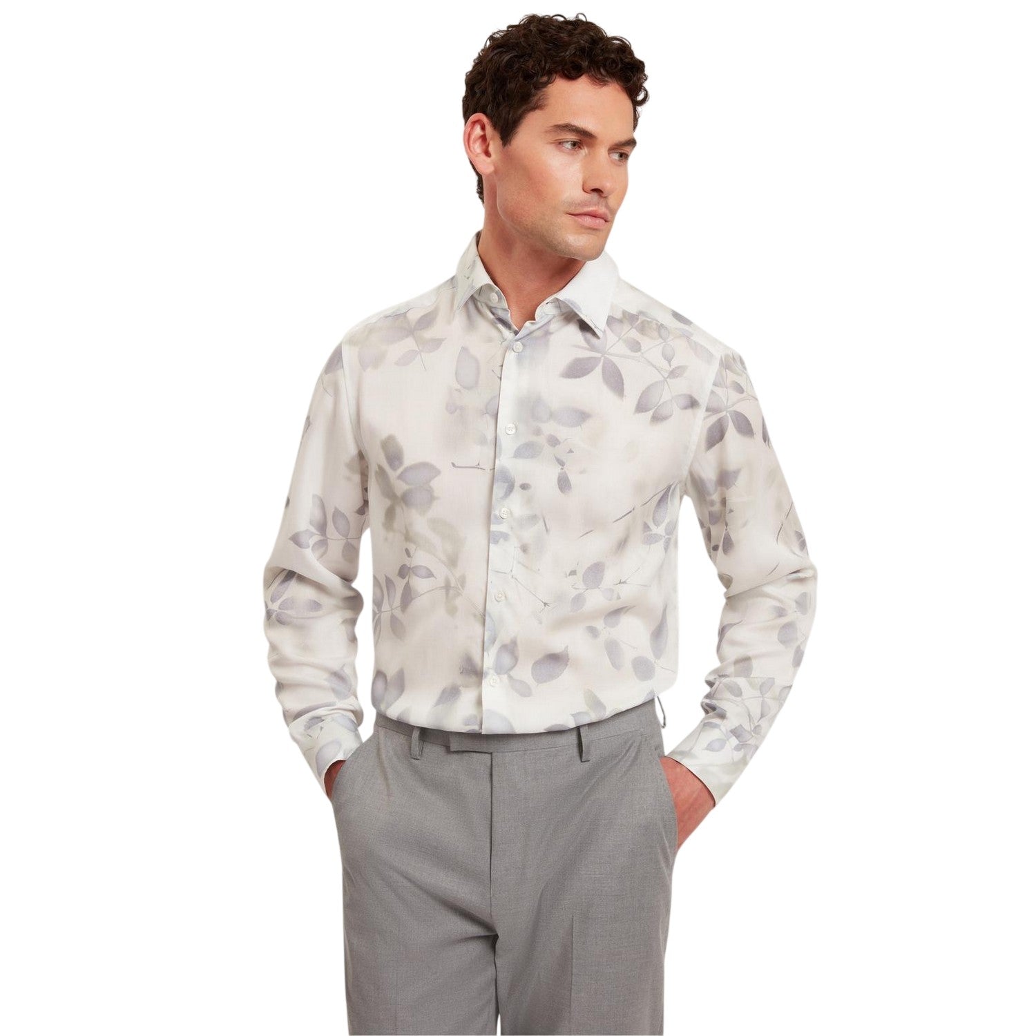White - Side - Ted Baker Mens Leaf Print Regular Shirt