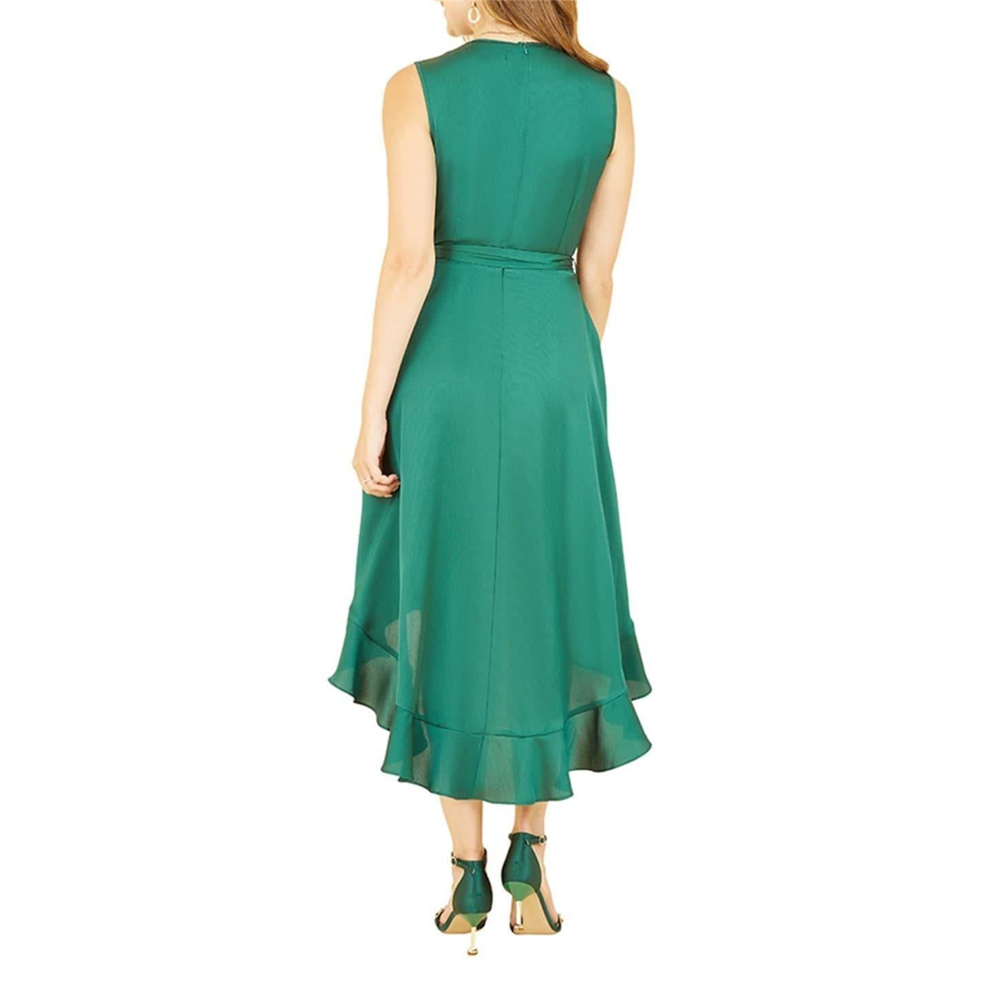 Green - Back - Mela London Womens-Ladies Satin V Neck Sleeveless Wrap Dress
