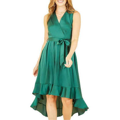 Green - Side - Mela London Womens-Ladies Satin V Neck Sleeveless Wrap Dress