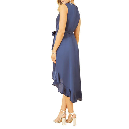 Navy - Back - Mela London Womens-Ladies Satin V Neck Sleeveless Wrap Dress