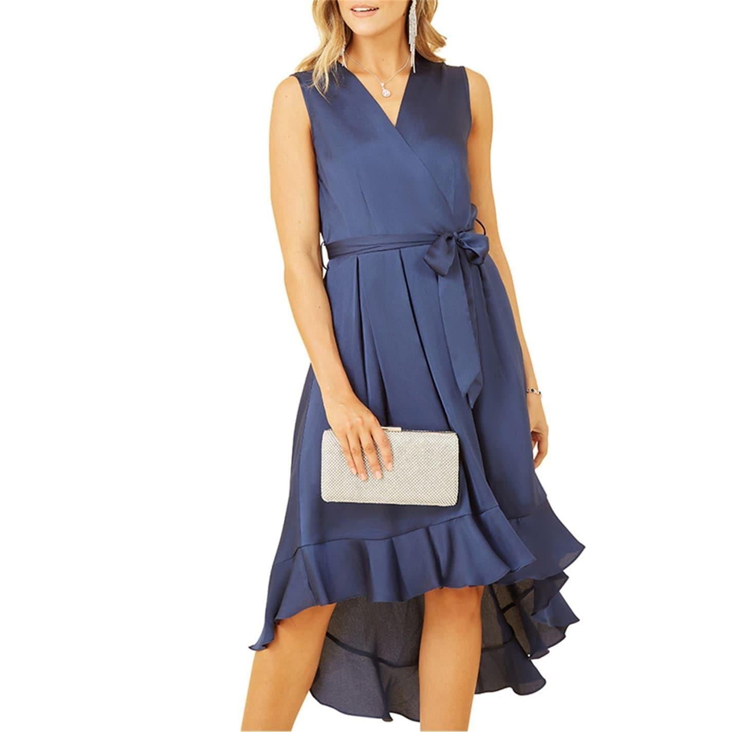Navy - Side - Mela London Womens-Ladies Satin V Neck Sleeveless Wrap Dress