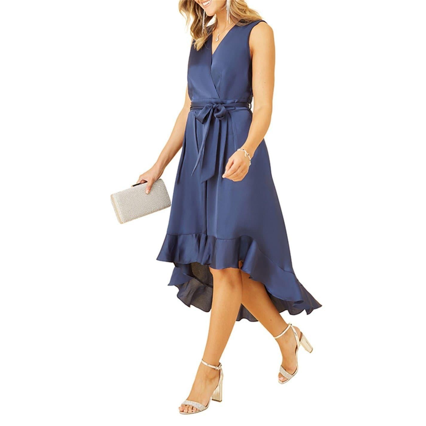 Navy - Lifestyle - Mela London Womens-Ladies Satin V Neck Sleeveless Wrap Dress