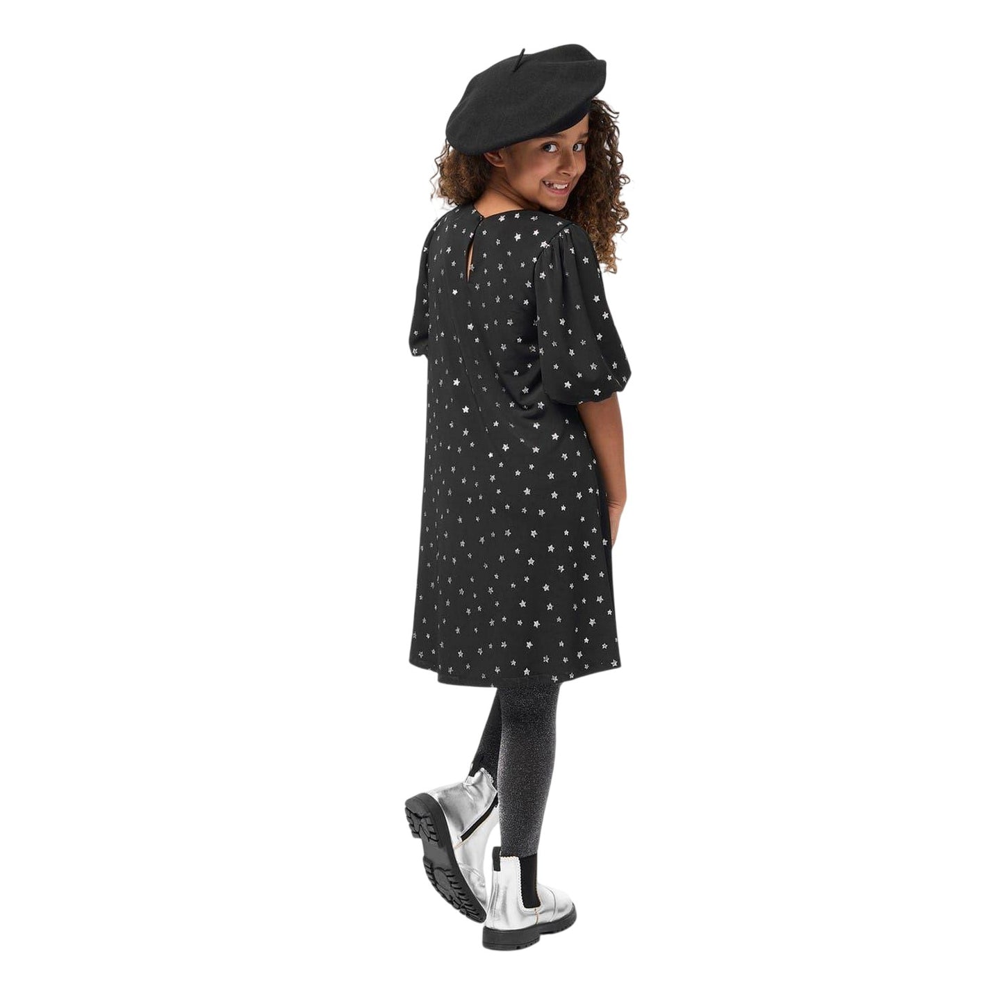Black - Back - Biba Girls Stars Puff Sleeve Dress