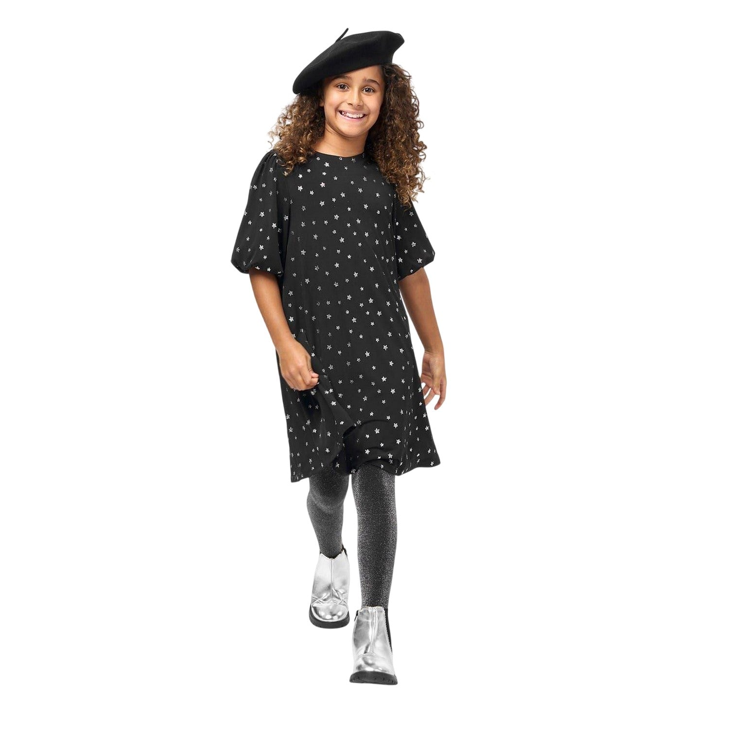 Black - Pack Shot - Biba Girls Stars Puff Sleeve Dress