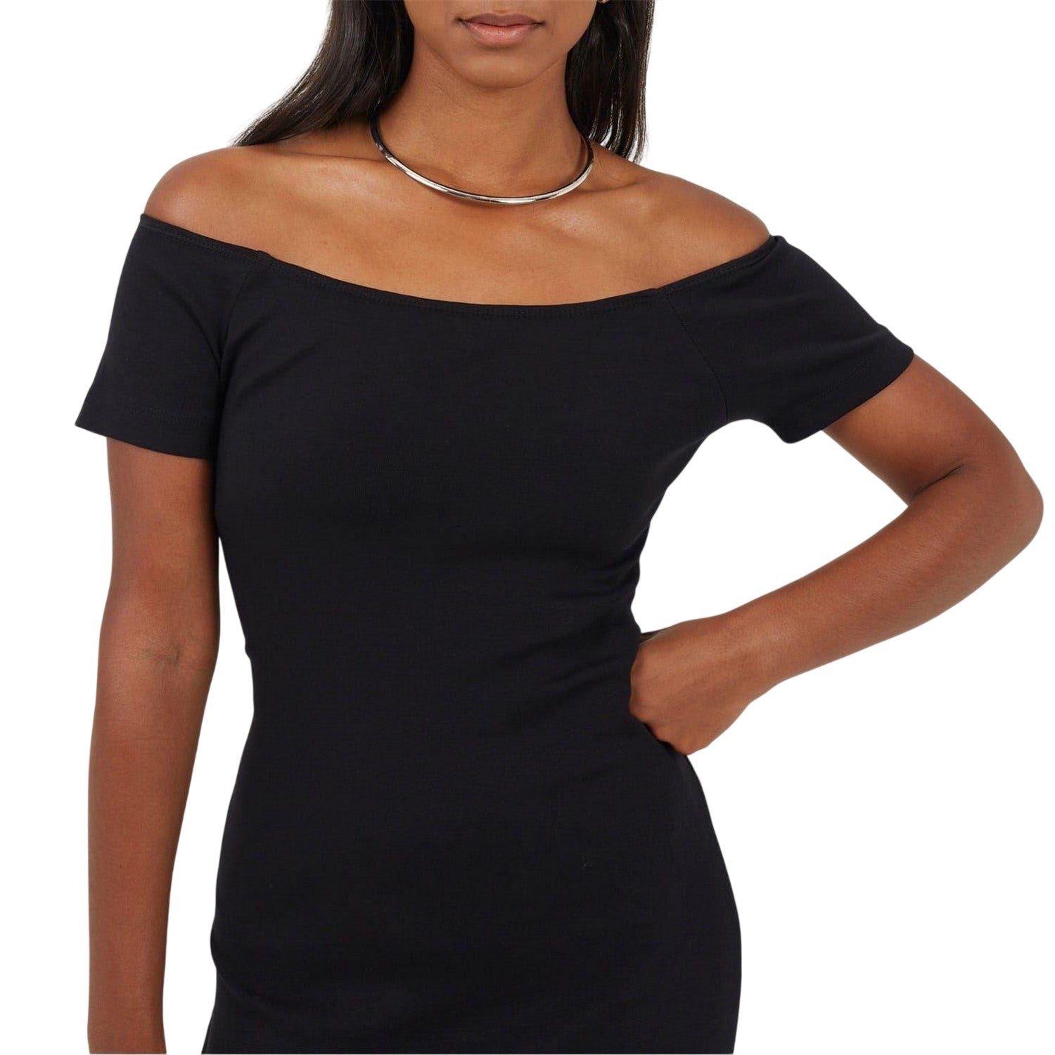 Black - Side - Brave Soul Womens-Ladies Off Shoulder Short-Sleeved Bodycon Dress