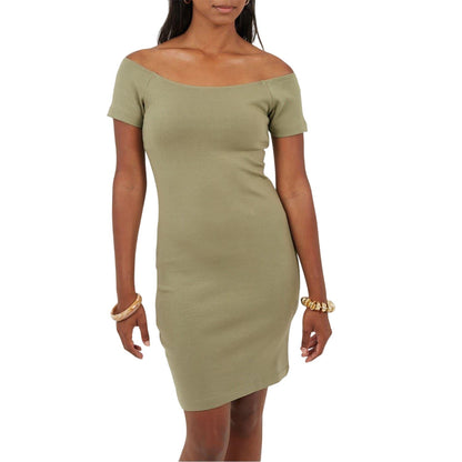 Khaki - Front - Brave Soul Womens-Ladies Off Shoulder Short-Sleeved Bodycon Dress