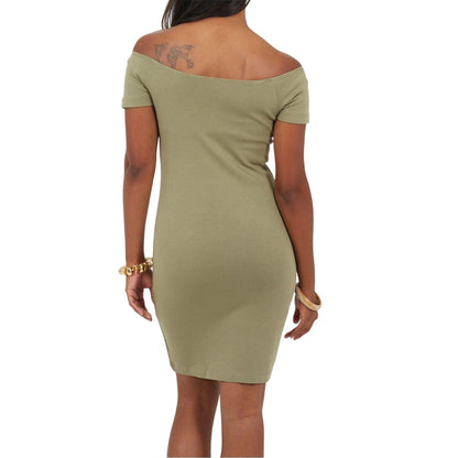 Khaki - Back - Brave Soul Womens-Ladies Off Shoulder Short-Sleeved Bodycon Dress