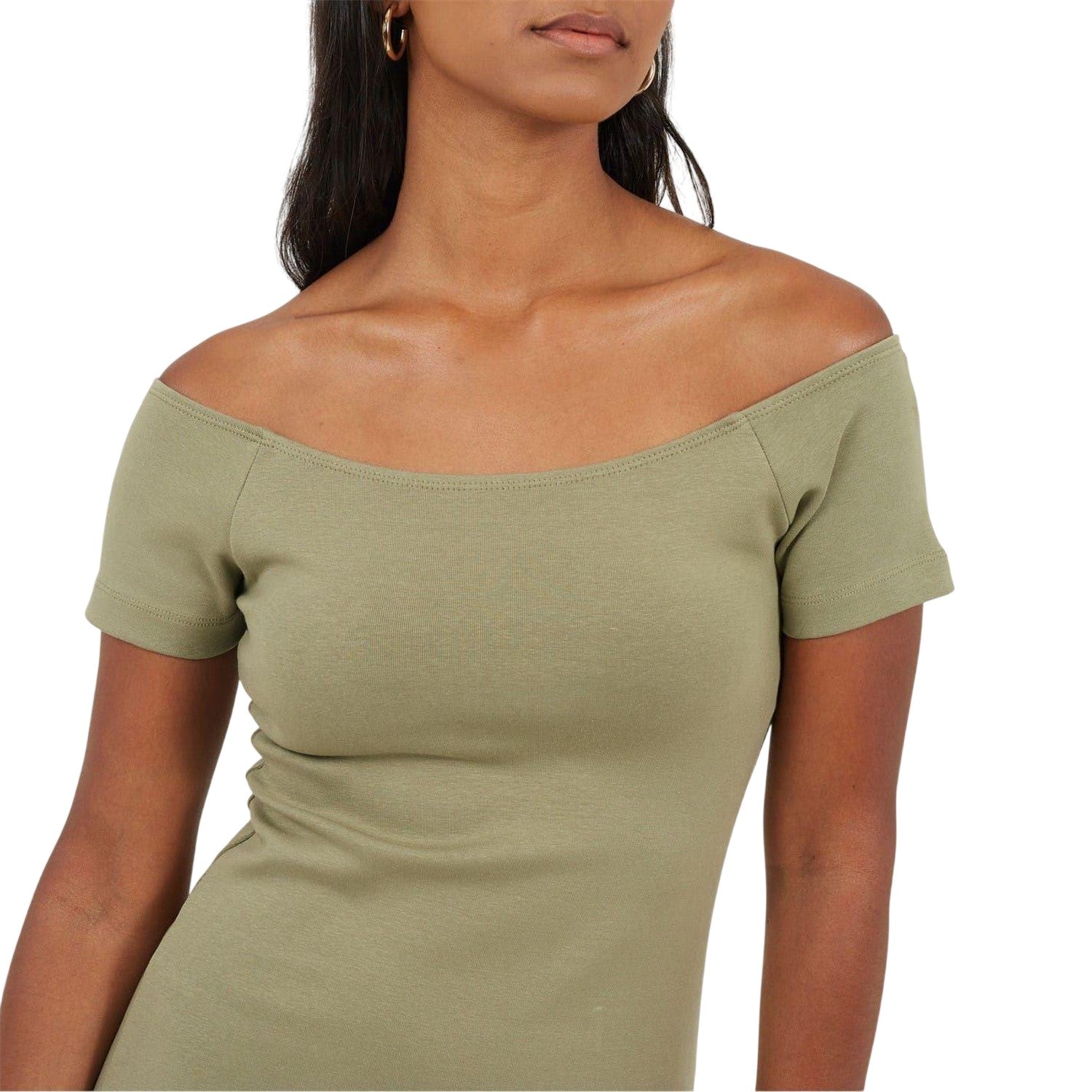 Khaki - Side - Brave Soul Womens-Ladies Off Shoulder Short-Sleeved Bodycon Dress