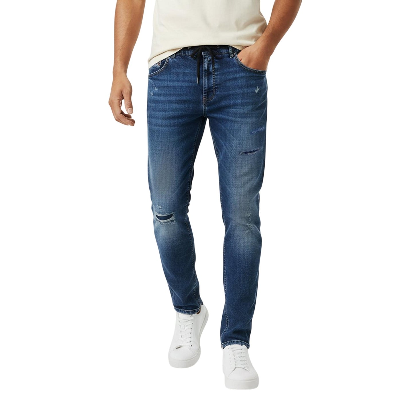 Blue Denim - Side - Diesel Mens Krly Denim Ripped Straight Leg Jeans