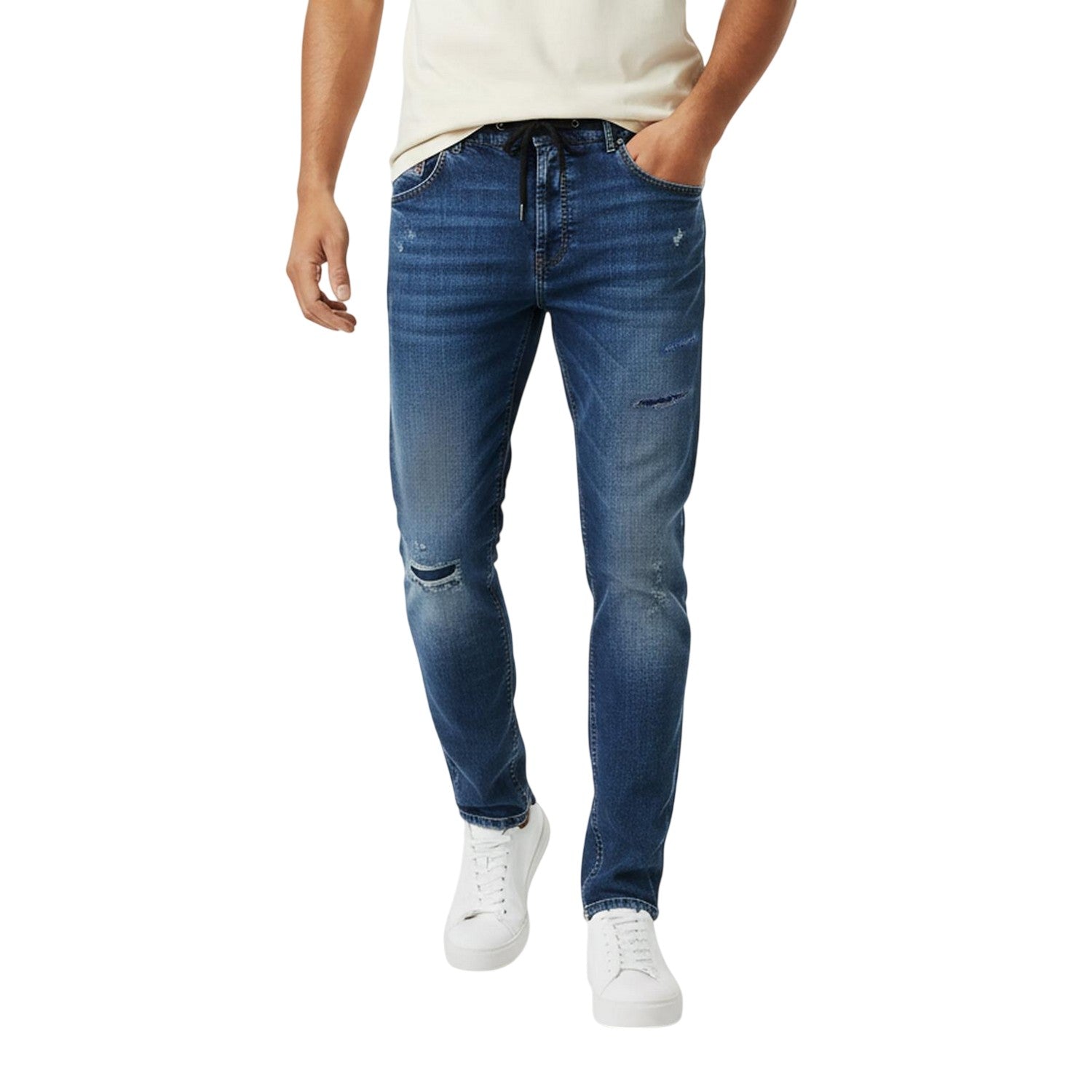 Blue Denim - Side - Diesel Mens Krly Denim Ripped Straight Leg Jeans