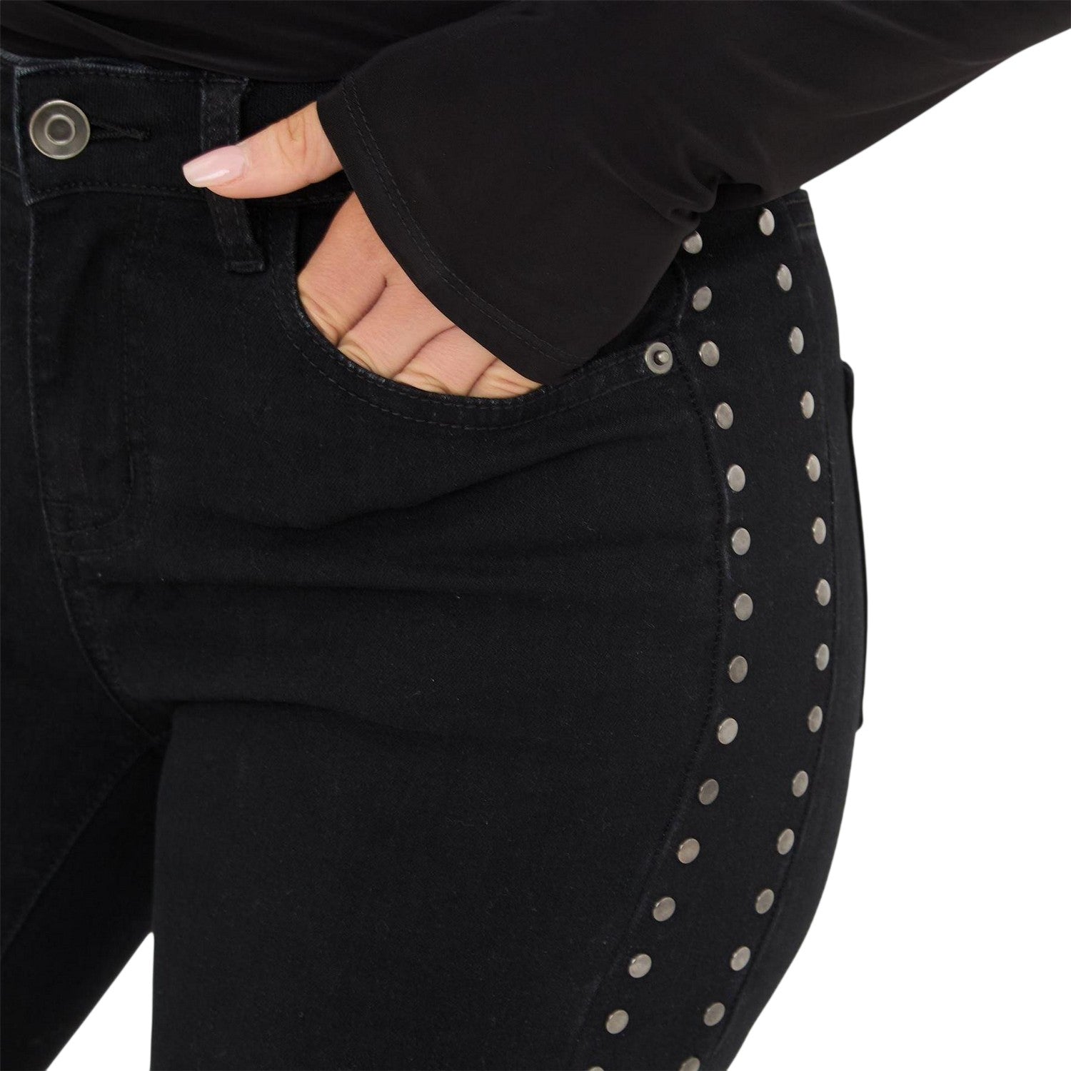 Black - Side - I Saw It First Womens-Ladies Denim Side Stud Jeans