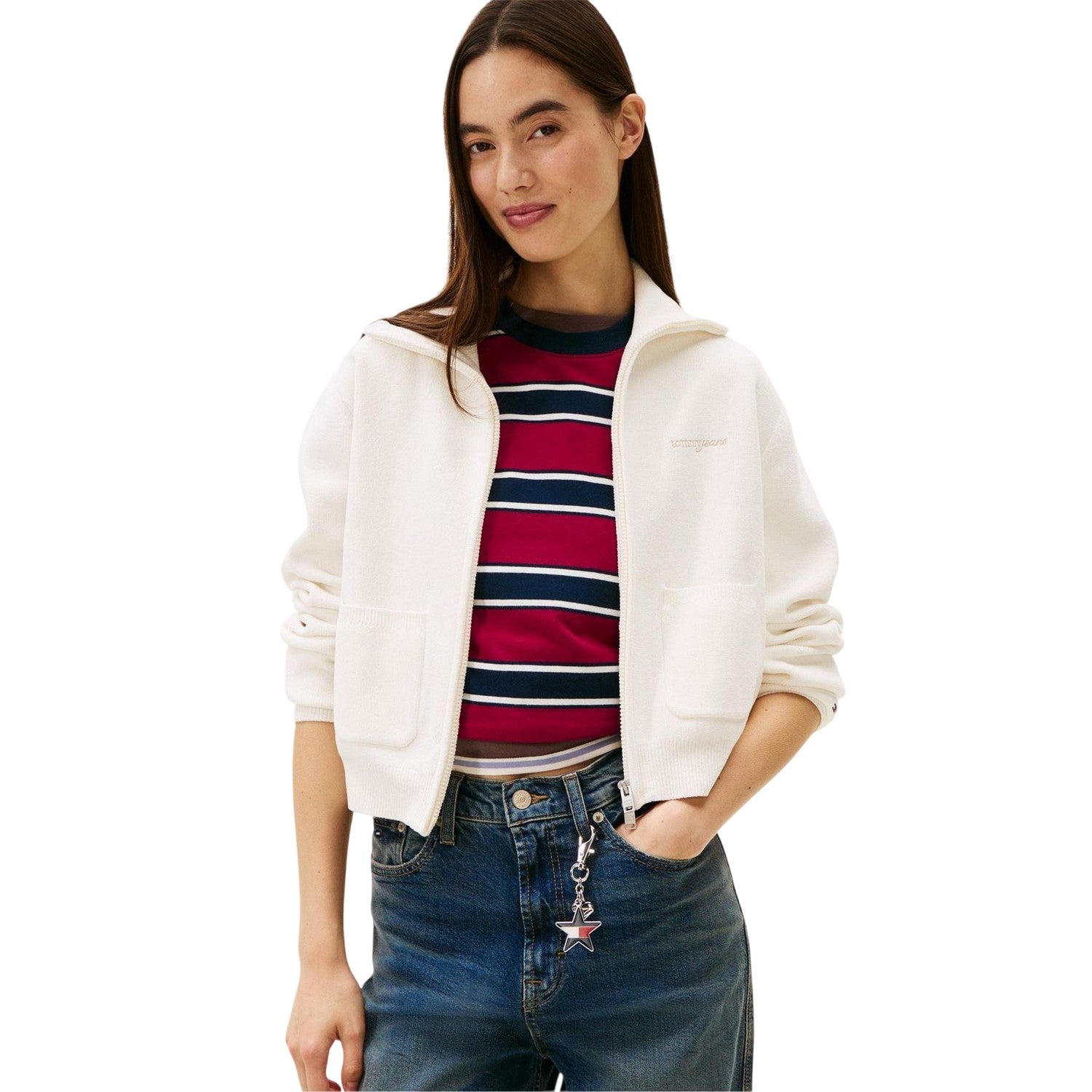 Antique White - Side - Tommy Jeans Womens-Ladies Cropped Cardigan
