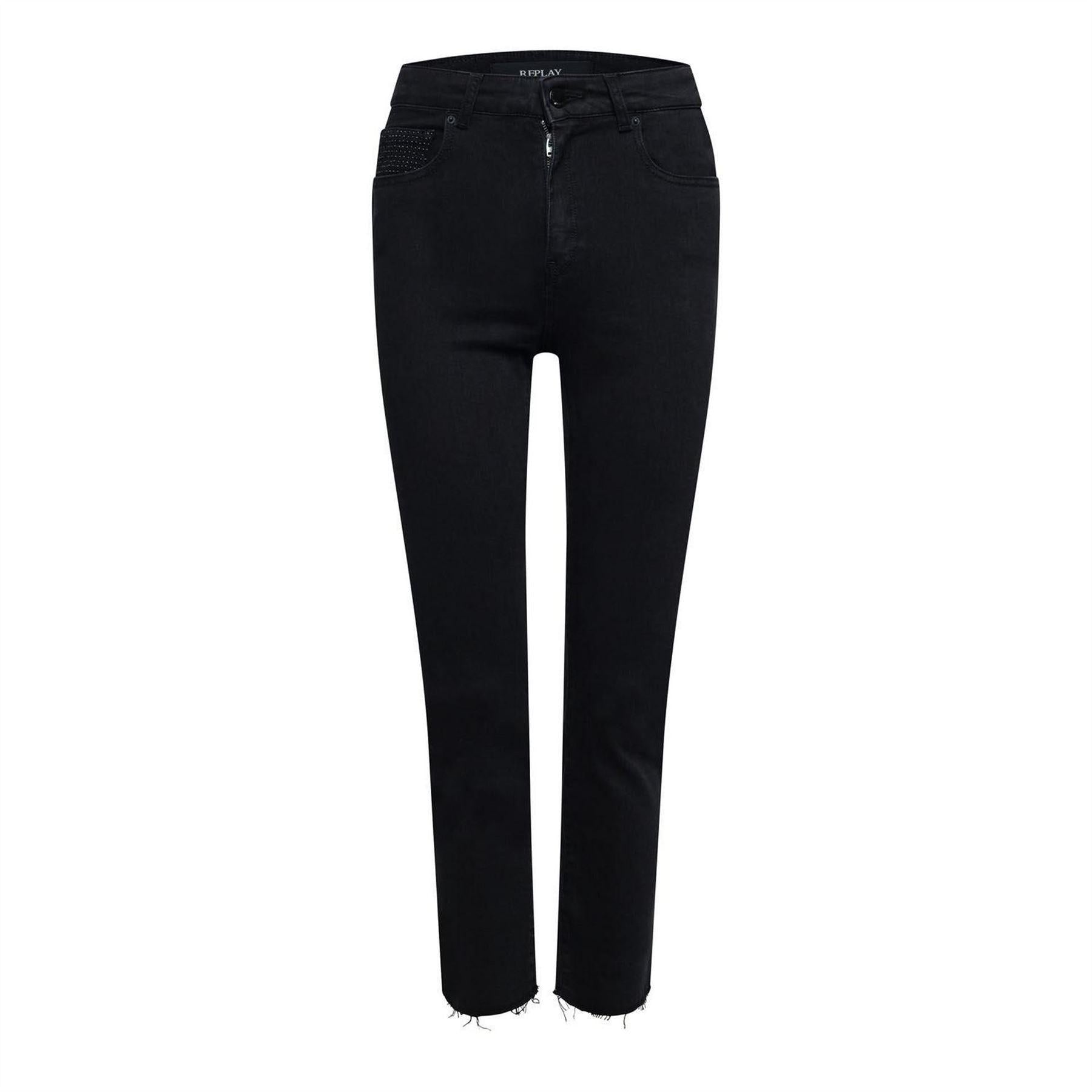 Grey - Front - Replay Womens-Ladies Cotton Blend Frayed Edge Slim Jeans