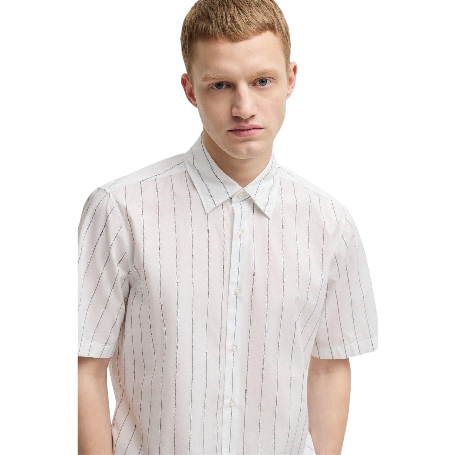 White - Side - Boss Mens Pinstripe Regular Short-Sleeved Shirt