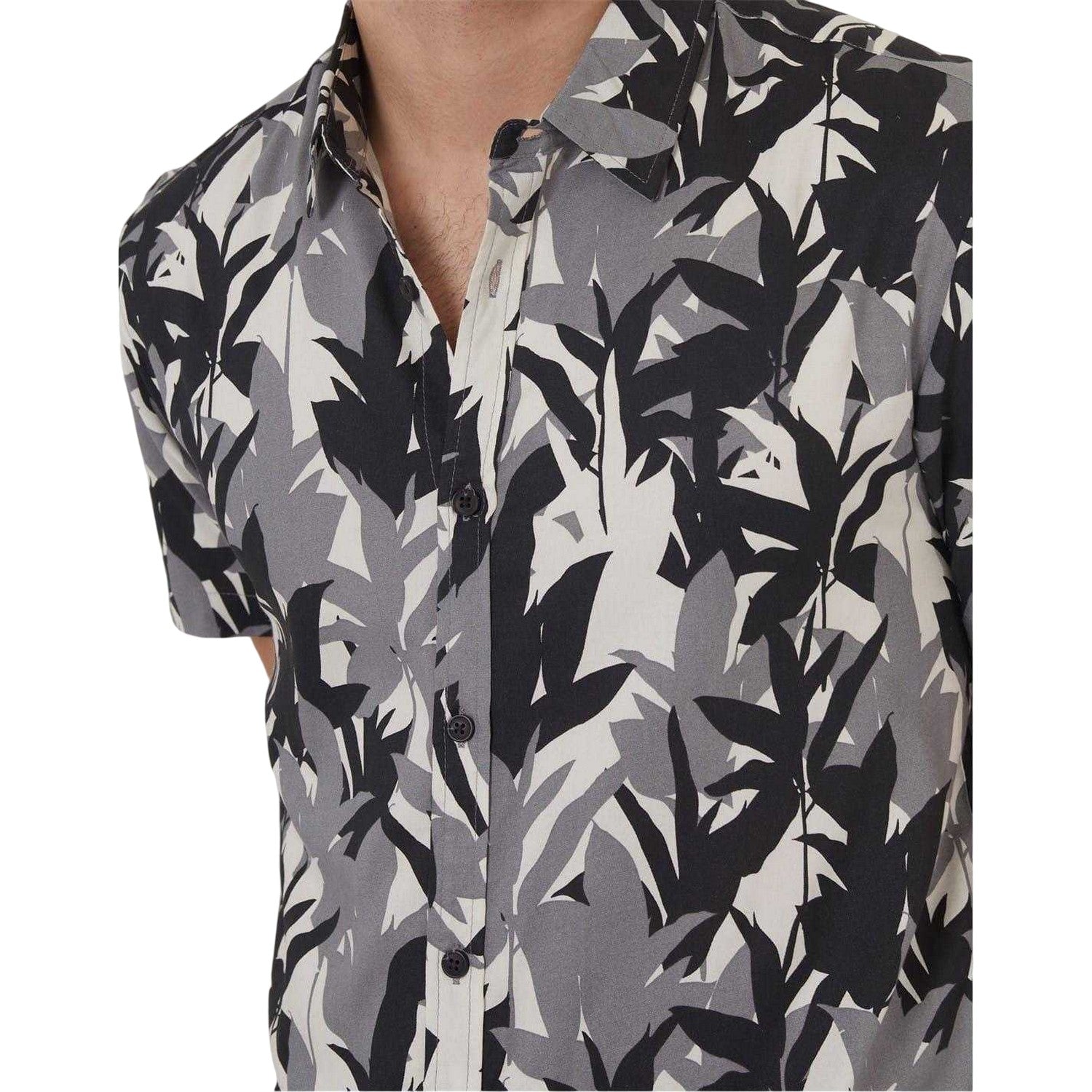 Black - Side - Threadbare Mens Leaf Print Regular Shirt
