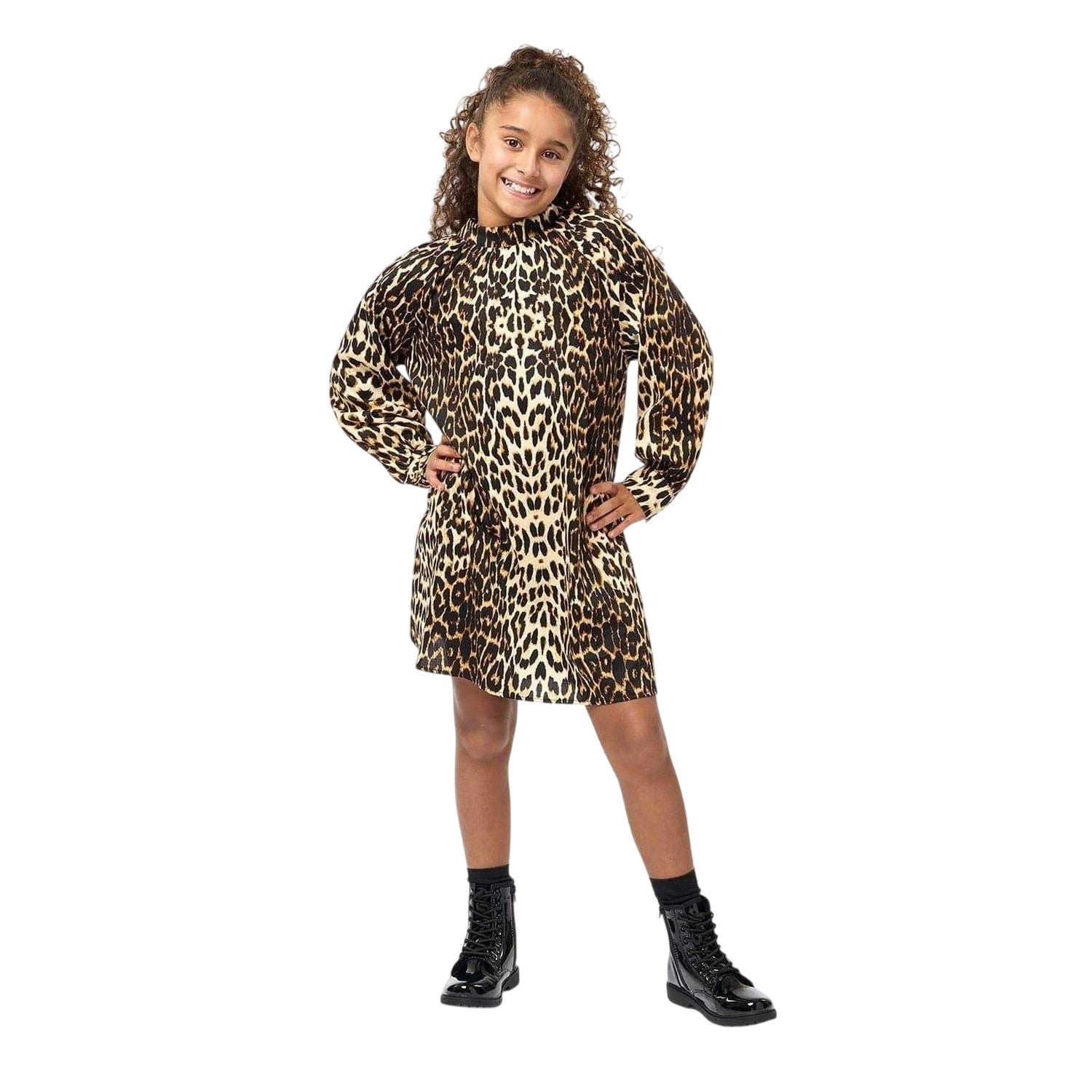 Brown-Black - Pack Shot - Biba Girls Leopard Print Balloon Sleeve Dress