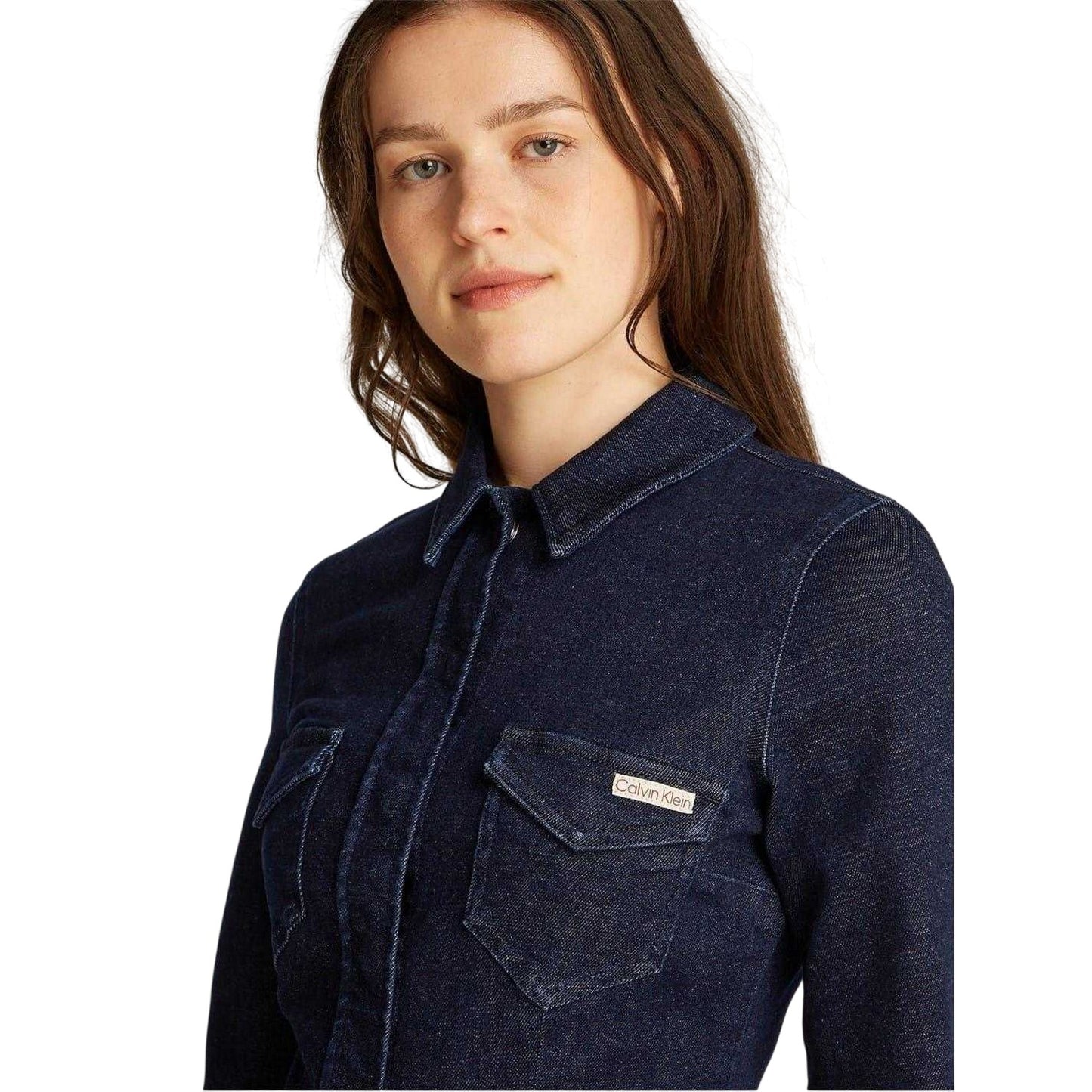 Dark Blue - Side - Calvin Klein Womens-Ladies Denim Collared Mini Shirt Dress
