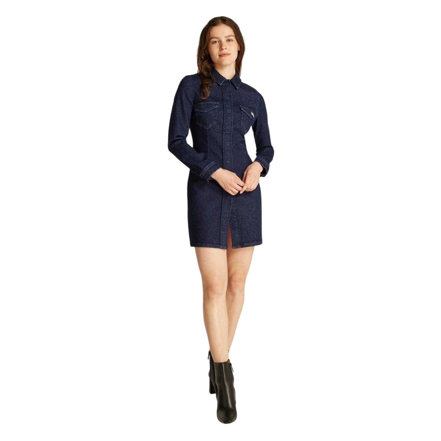 Dark Blue - Lifestyle - Calvin Klein Womens-Ladies Denim Collared Mini Shirt Dress