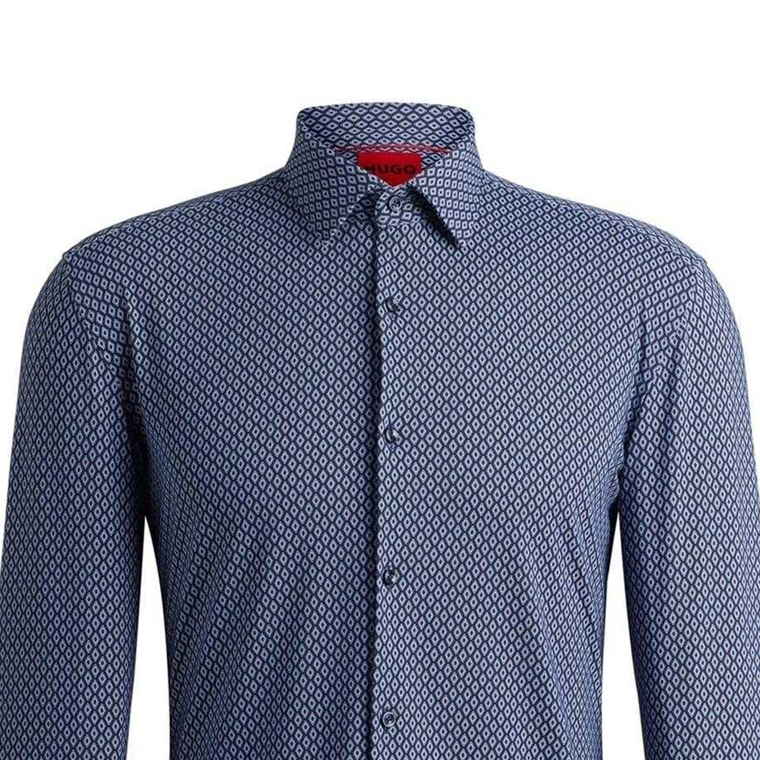 Dark Blue - Side - Hugo Mens Kenno Geometric Cotton Slim Shirt