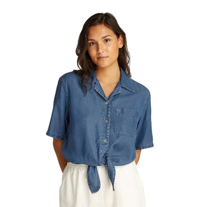 Medium Blue - Side - Tommy Jeans Womens-Ladies Cropped Chambray Tied Hem Shirt