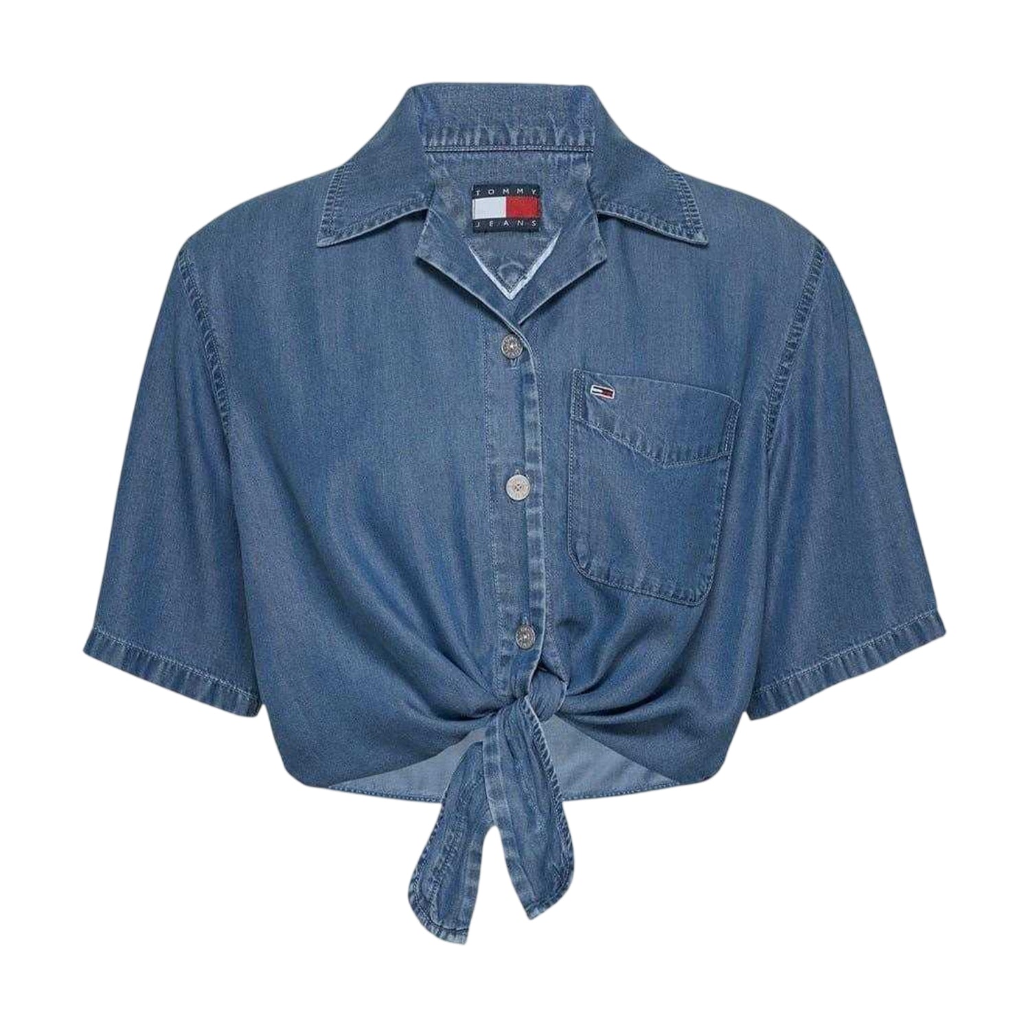 Medium Blue - Front - Tommy Jeans Womens-Ladies Cropped Chambray Tied Hem Shirt