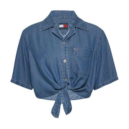 Medium Blue - Front - Tommy Jeans Womens-Ladies Cropped Chambray Tied Hem Shirt