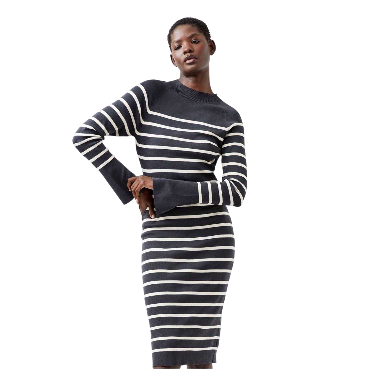 Moonless Night-Cream - Side - French Connection Womens-Ladies Milena Striped Crew Neck Bodycon Dress