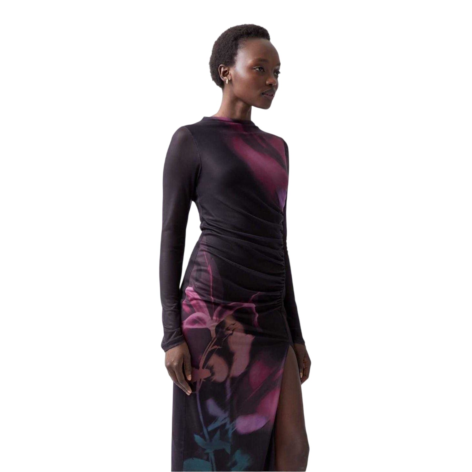 Blackout - Side - French Connection Womens-Ladies Floral Crew Neck Slim Long-Sleeved Midi Dress