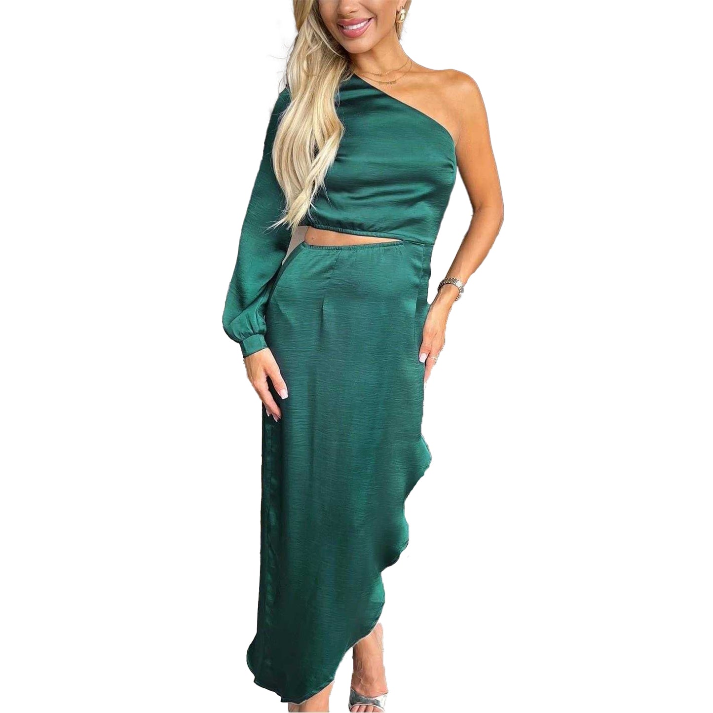 Teal - Side - AX Paris Womens-Ladies Cut Out Asymmetric Hem One Sleeve Midi Dress