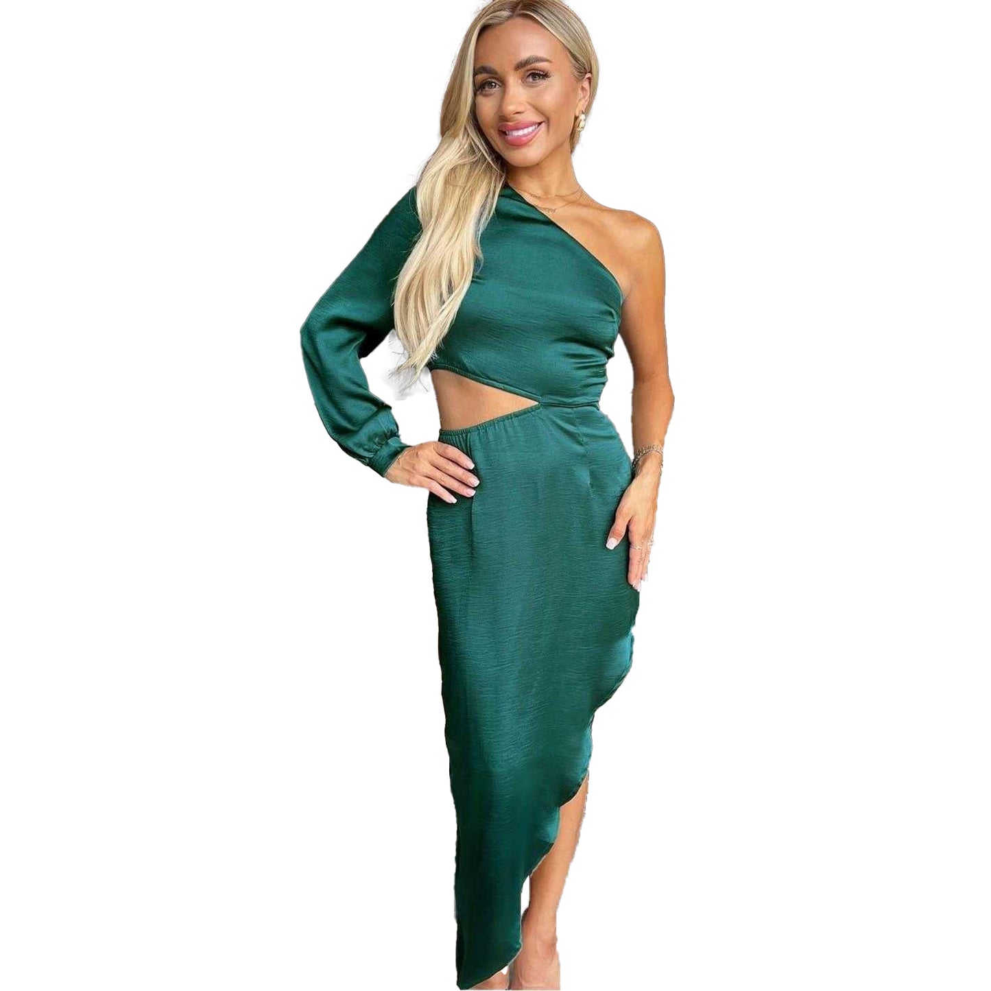 Teal - Front - AX Paris Womens-Ladies Cut Out Asymmetric Hem One Sleeve Midi Dress
