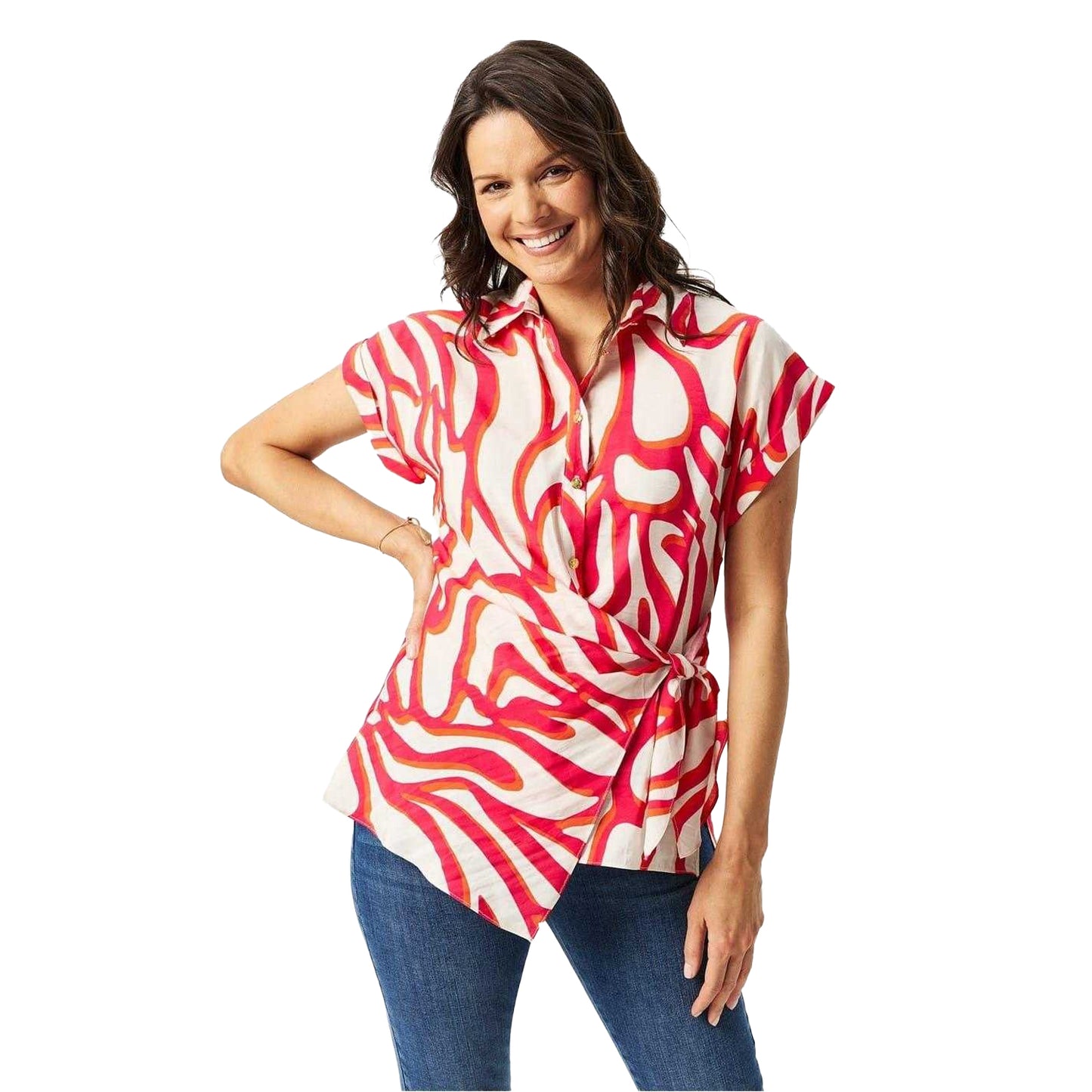 Red-White - Lifestyle - Biba Womens-Ladies Swirl Waist Tie Capped Sleeved Shirt