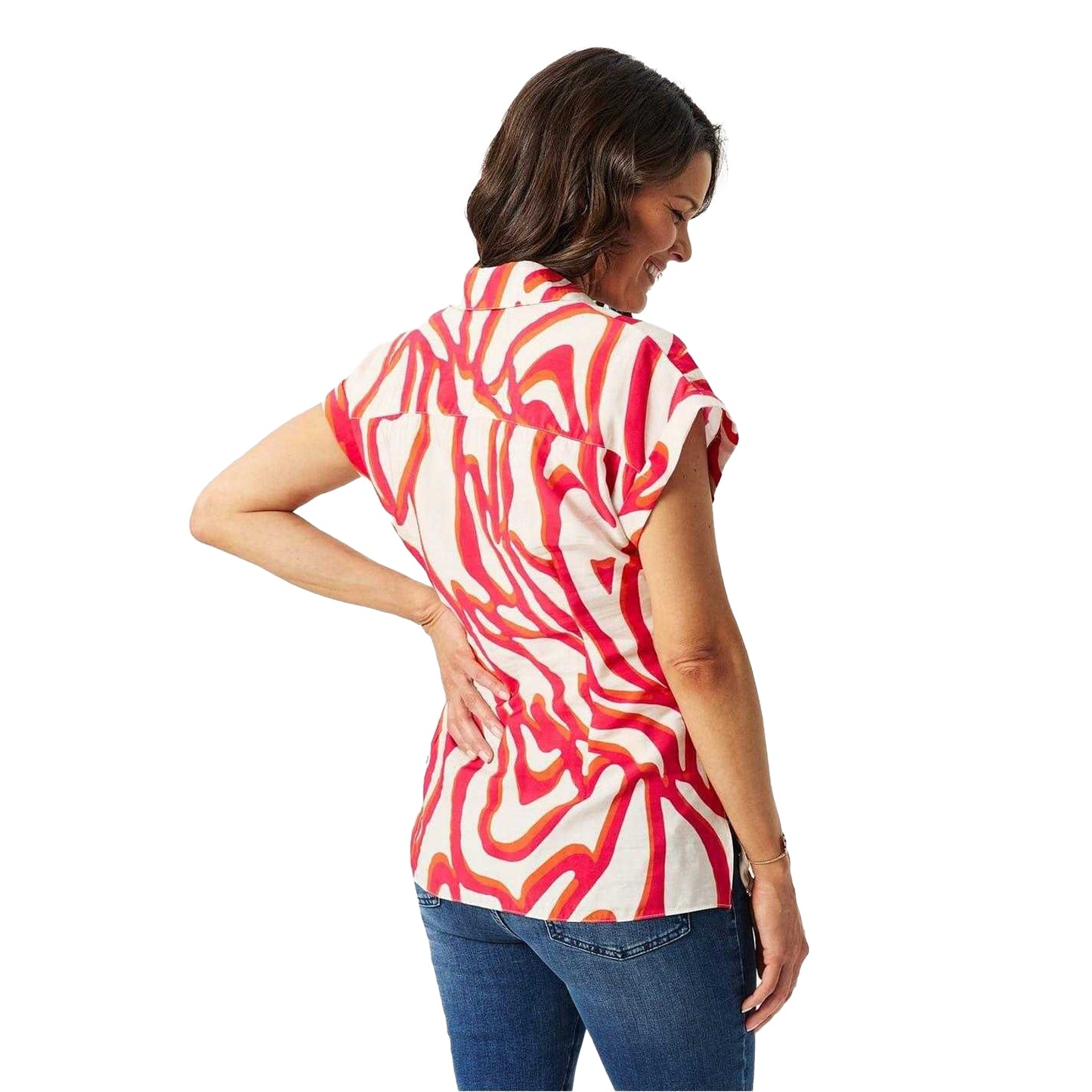 Red-White - Pack Shot - Biba Womens-Ladies Swirl Waist Tie Capped Sleeved Shirt