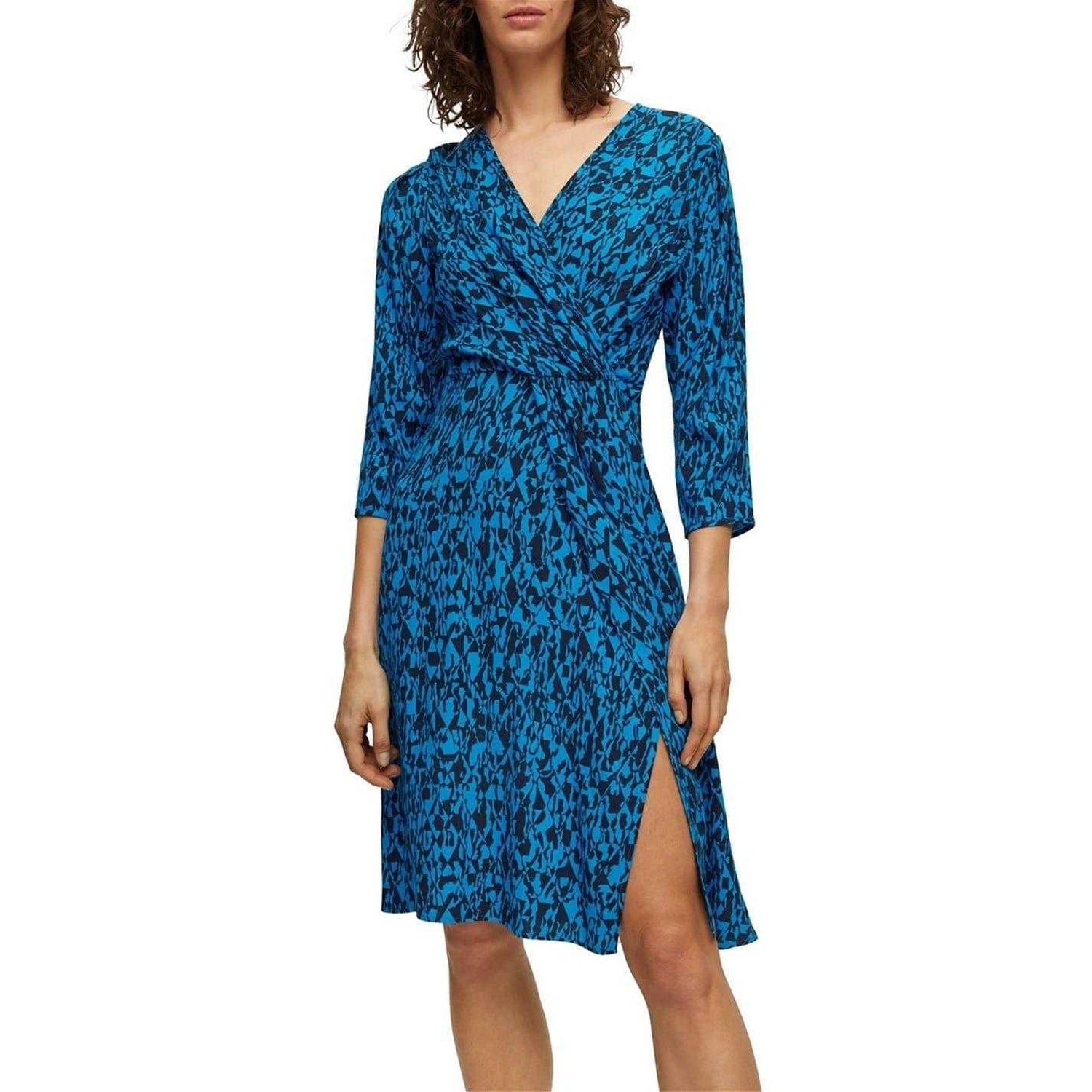Blue - Back - Boss Womens-Ladies Abstract V Neck Wrap Dress