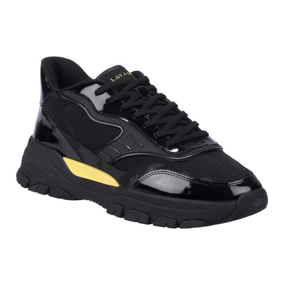 Black-Yellow - Side - Lavair Mens Pacific 2.0 Nappa Leather Chunky Flat Trainers