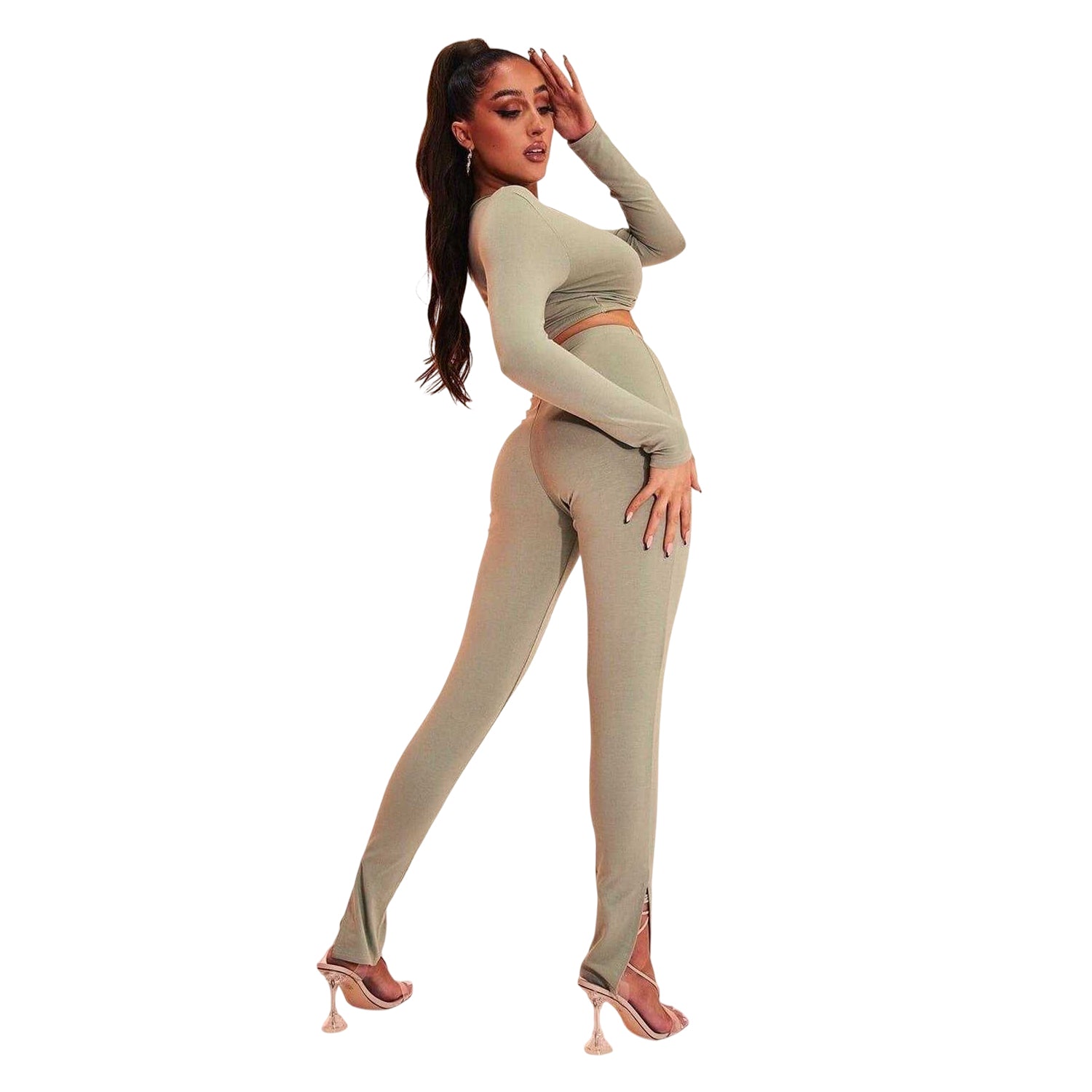 Green - Back - Missy Empire Womens-Ladies Jersey Split Hem Leggings