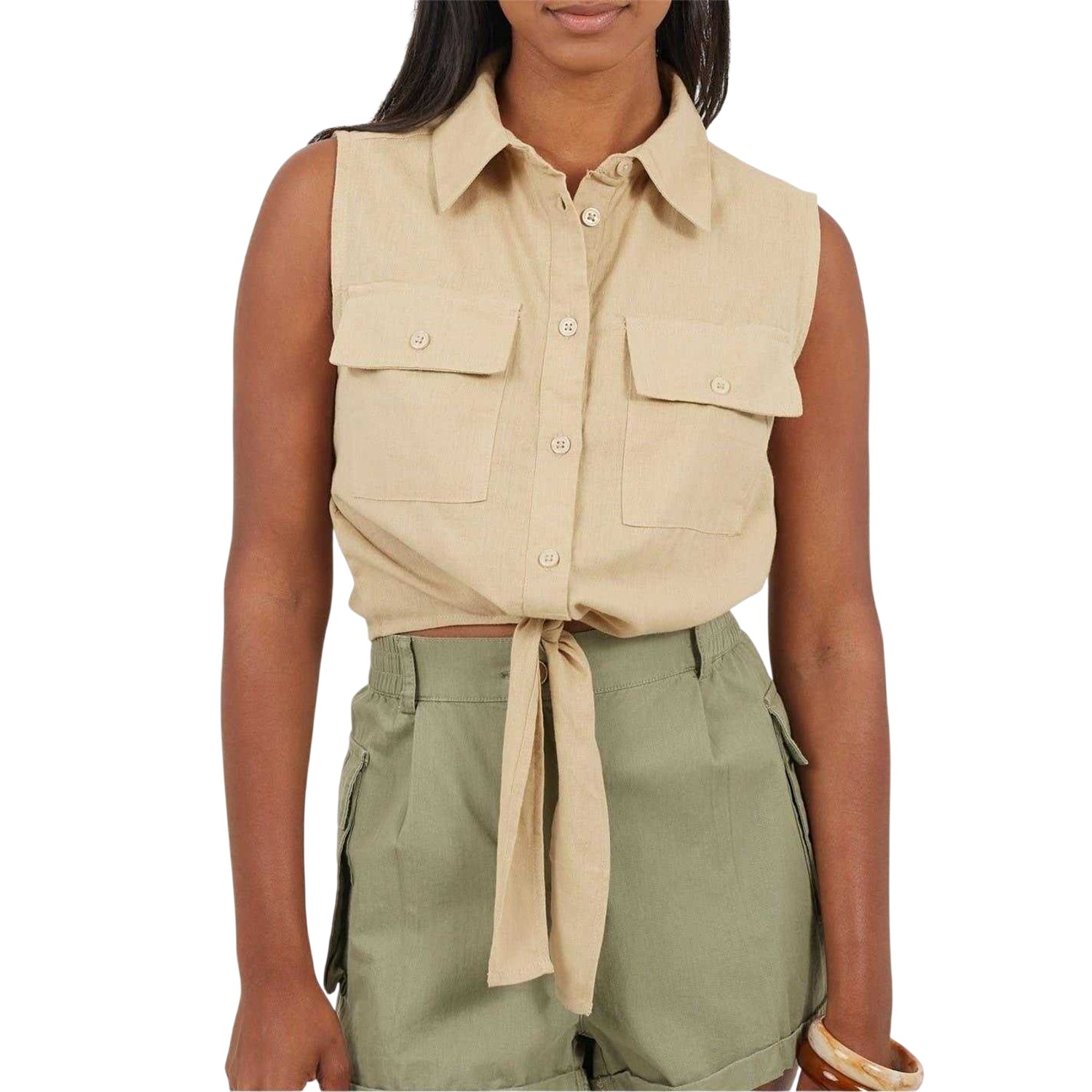 Sand - Front - Brave Soul Womens-Ladies Tied Hem Sleeveless Crop Top