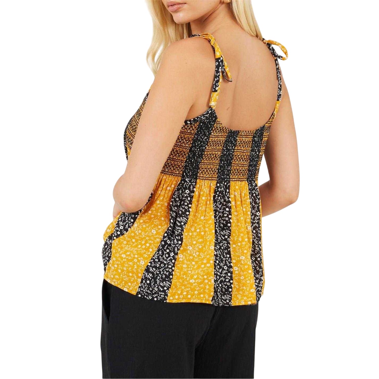 Yellow-Black - Back - Brave Soul Womens-Ladies Floral Stripe Shirred Spaghetti Strap Vest Top