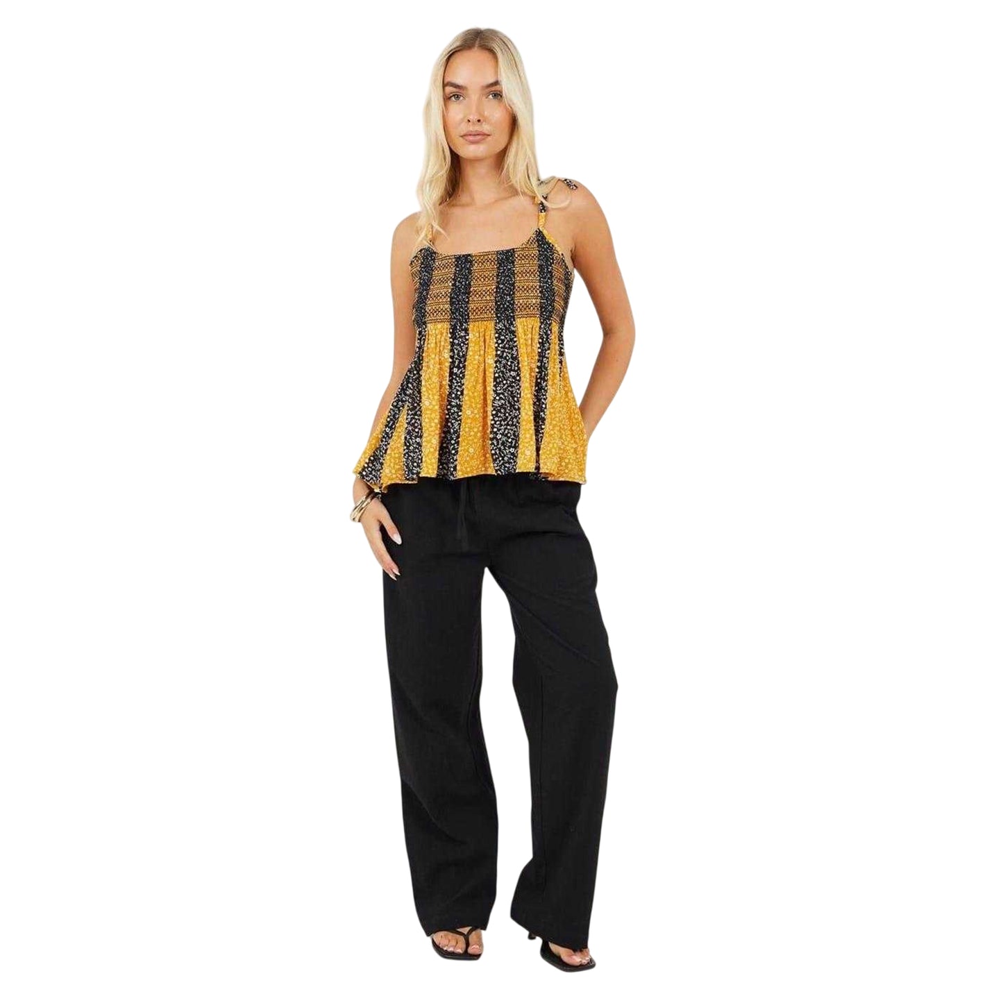 Yellow-Black - Side - Brave Soul Womens-Ladies Floral Stripe Shirred Spaghetti Strap Vest Top