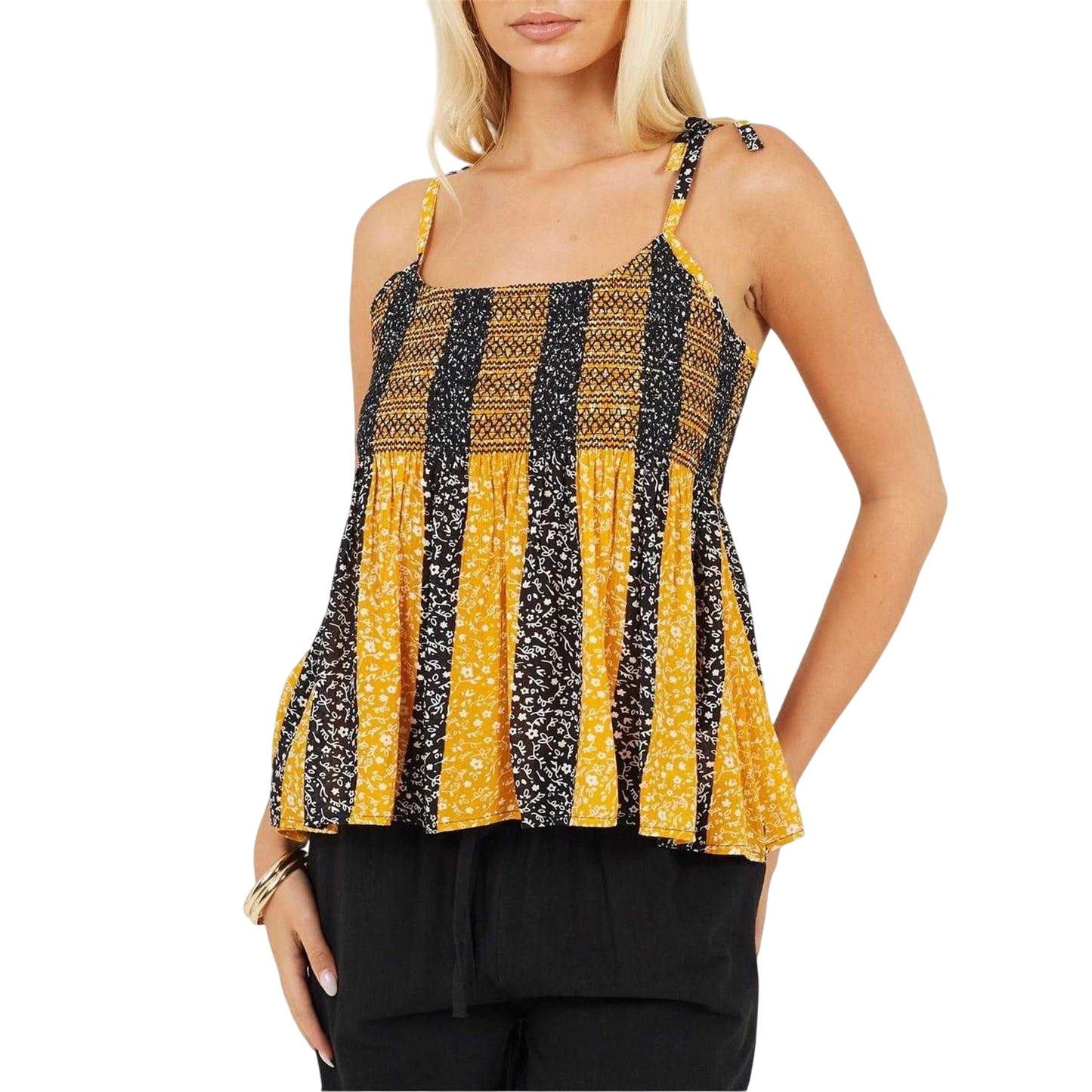 Yellow-Black - Front - Brave Soul Womens-Ladies Floral Stripe Shirred Spaghetti Strap Vest Top