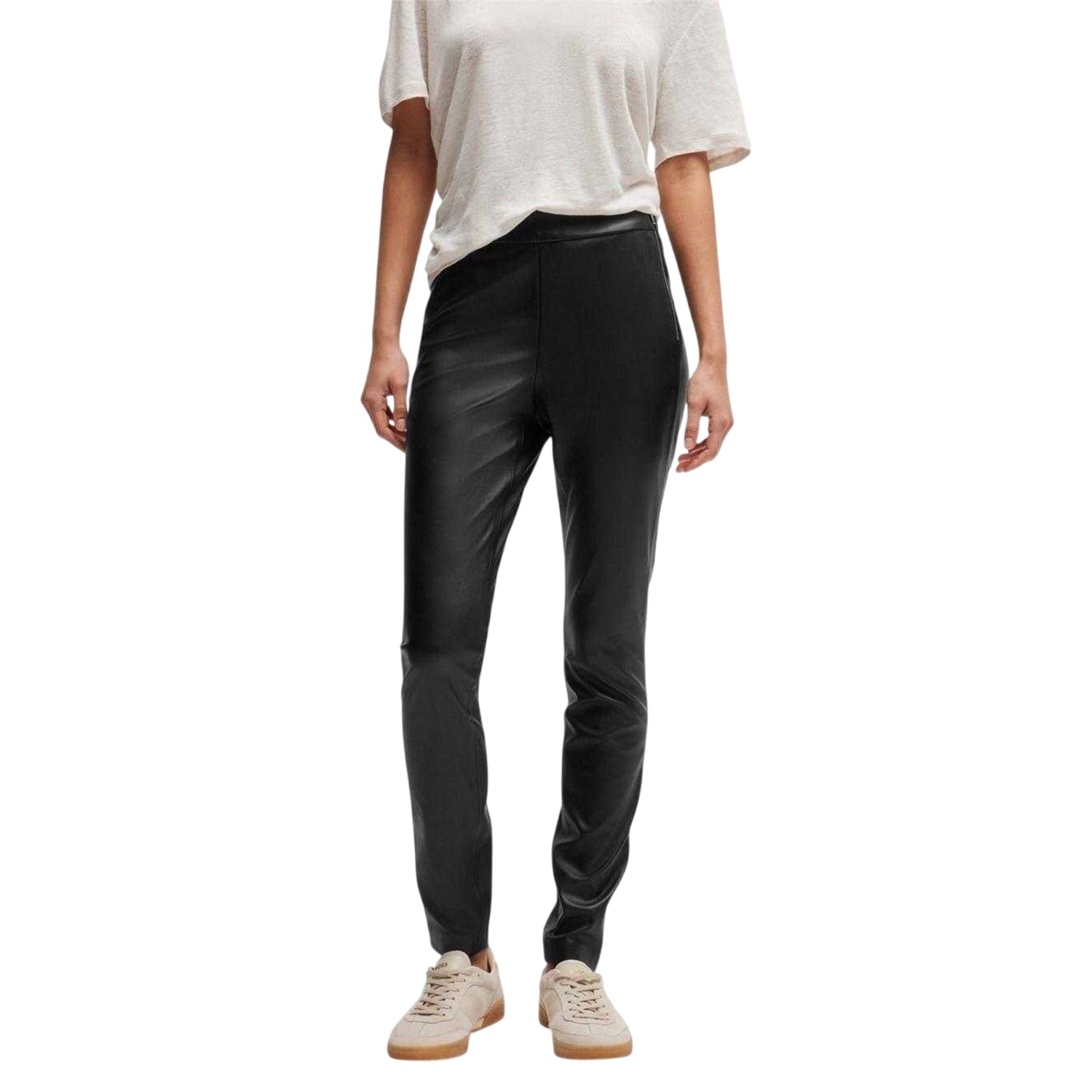 Black - Side - Boss Womens-Ladies Taslimah Wet Look Skinny Trousers