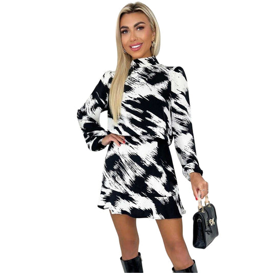 Black-White - Front - AX Paris Womens-Ladies Brush Stroke Polyester Long-Sleeved Skater Dress
