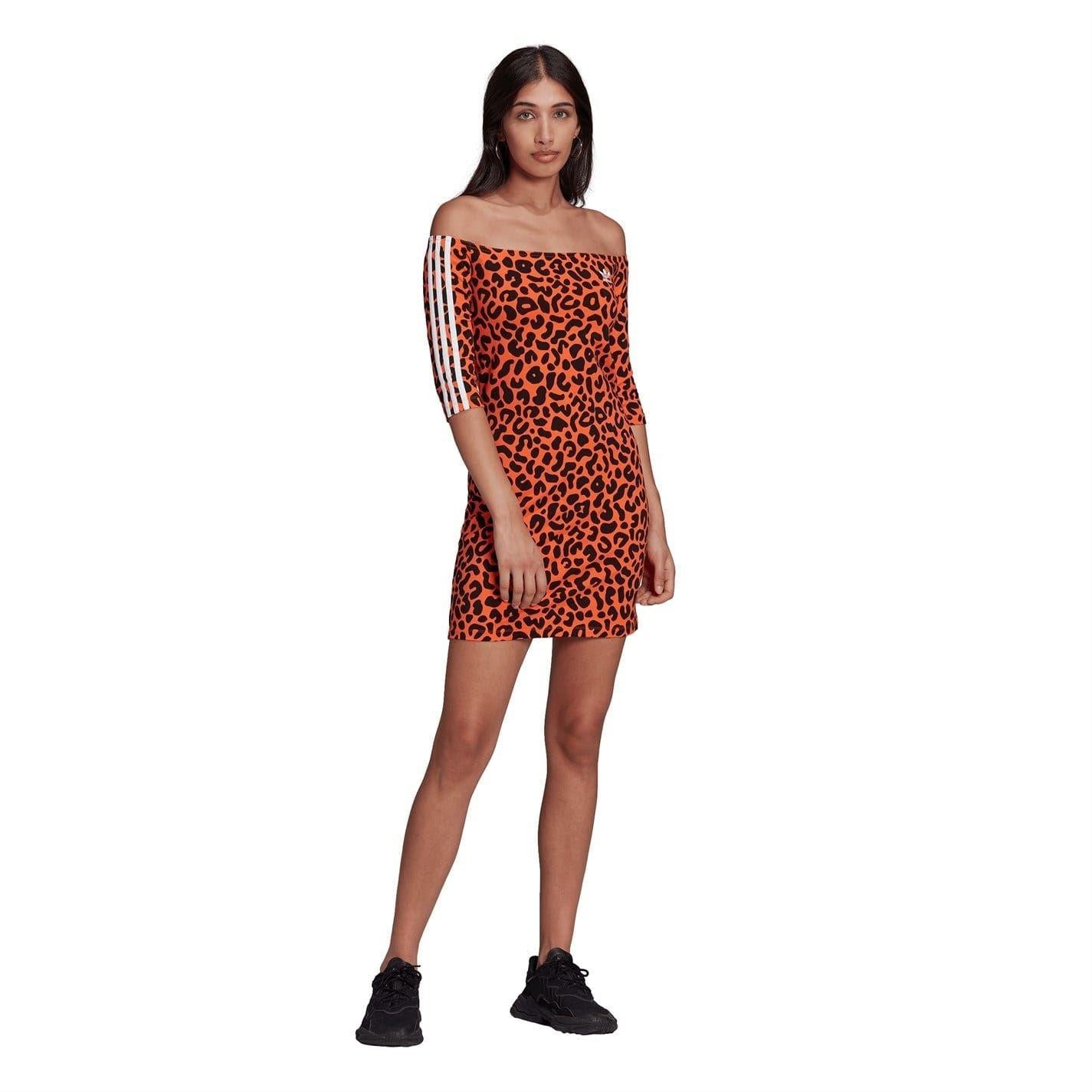 Orange-Black - Side - Adidas Womens-Ladies Leopard Print Off Shoulder Mini Dress